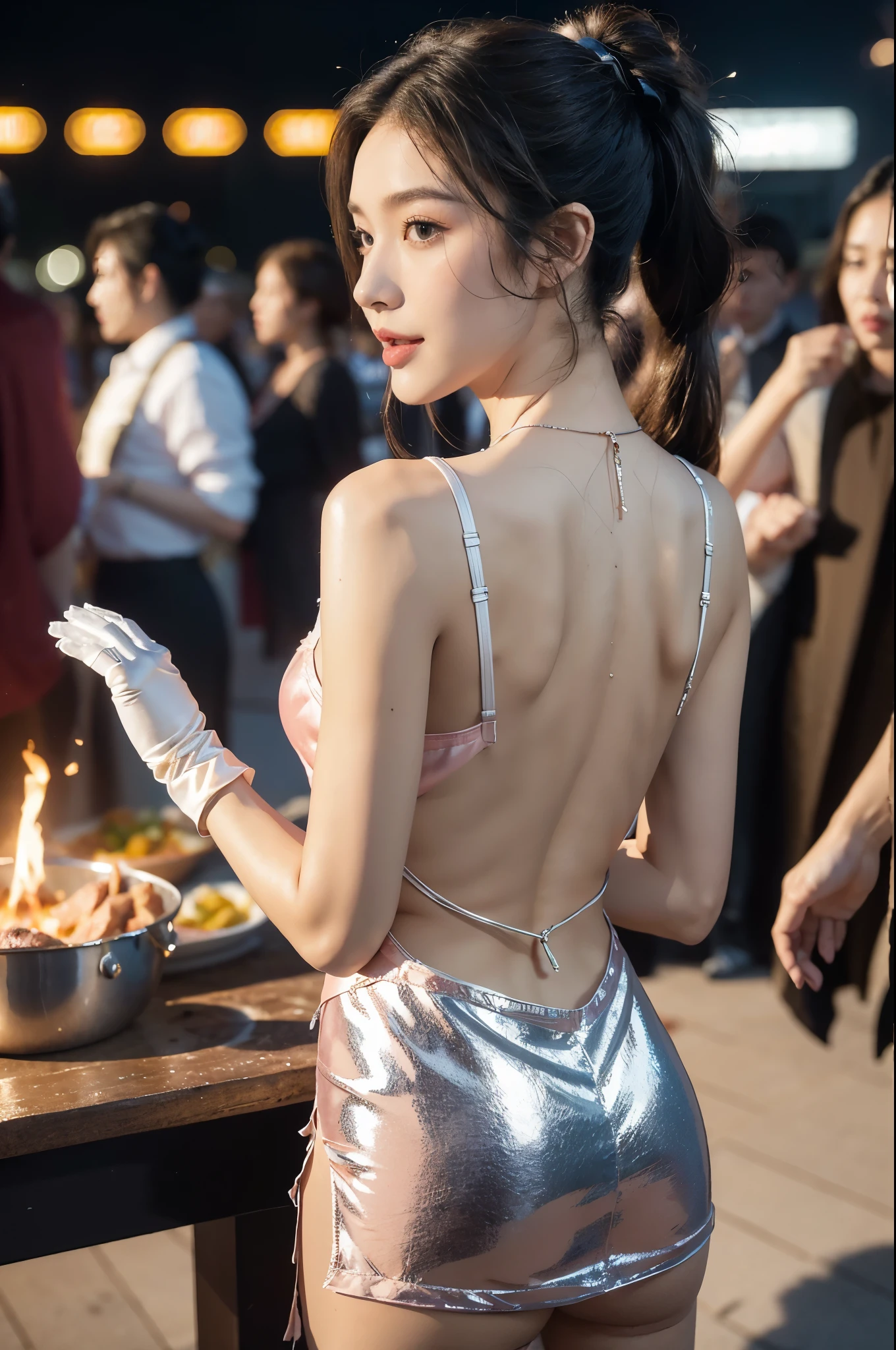 (((best quality))),(((ultra detailed))),(((masterpiece))),illustration,((1 beautiful girl,solo)),((slim,thin)),((bare back,towering hips,butt crack)),summer night,metropolis,barbecue joint,humble,vibrant energy,city that never sleeps,(short ponytail:1.2),(((female orgasmic,blush))),(sweat:1.3),(shiny skin:1.5),(sheer apron:1.3),((bare shoulders,bare arms)),(gloves:1.3),(slender legs:1.2),lightweight,practicality,style,sizzling hot grill,smooth,tanned skin,soft glow,skillfully,skewers,meat,intense concentration,bright eyes,alert,passion for work,atmosphere,vibrant,dynamic,laughter,conversation,sizzle,crackle,aromatic scent,tinged,radiant smile,genuine enjoyment,easy manner,warm presence,community,dedication,beauty in simplicity,midst of bustling city streets,outdoor,midnight,((from back,upper body)),(surrounded by crowded crowds:1.3)