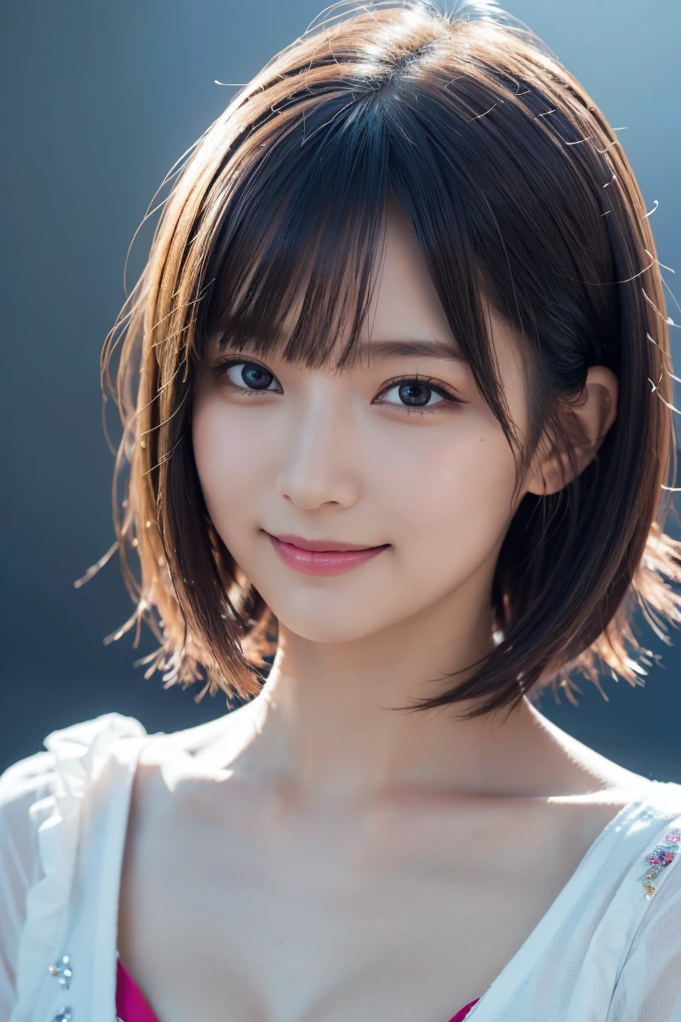 1 girl,(wearing colorful stage costume:1.2),very beautiful japanese idol portrait,close up of face,(RAW photo,best quality),(real,realistic:1.4),(masterpiece),very delicate and beautiful,very detailed,2k wallpaper,amazing,finely detailed,highly detailed CG Unity 8K wallpaper,very detailed,high resolution,soft light,beautiful detailed girl,very detailed eyes and face,beautiful refined nose,finely beautiful eyes,cinema lighting,(simple light color background:1.3),(short hair),(bob),full anatomy,slender body,small breasts,smiling,