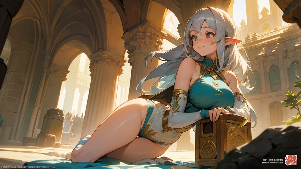 Anime Style,Nostalgic,Detailed background,The medieval world,A palace-like cave,A beautiful silver-haired smiling bard elf,Large Breasts,Healthy thighs,Underarm,M-shaped legs