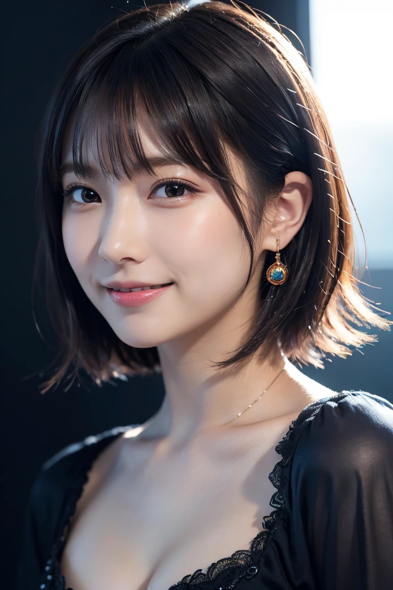1 girl,(wearing colorful stage costume:1.2),very beautiful japanese idol portrait,close up of face,(RAW photo,best quality),(real,realistic:1.4),(masterpiece),very delicate and beautiful,very detailed,2k wallpaper,amazing,finely detailed,highly detailed CG Unity 8K wallpaper,very detailed,high resolution,soft light,beautiful detailed girl,very detailed eyes and face,beautiful refined nose,finely beautiful eyes,cinema lighting,(simple light color background:1.3),(short hair),(bob),full anatomy,slender body,small breasts,smiling