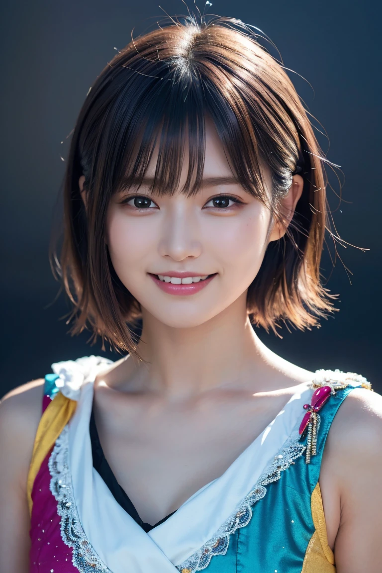 1 girl,(wearing colorful stage costume:1.2),very beautiful japanese idol portrait,close up of face,(RAW photo,best quality),(real,realistic:1.4),(masterpiece),very delicate and beautiful,very detailed,2k wallpaper,amazing,finely detailed,highly detailed CG Unity 8K wallpaper,very detailed,high resolution,soft light,beautiful detailed girl,very detailed eyes and face,beautiful refined nose,finely beautiful eyes,cinema lighting,(simple light color background:1.3),(short hair),(bob),full anatomy,slender body,small breasts,smiling