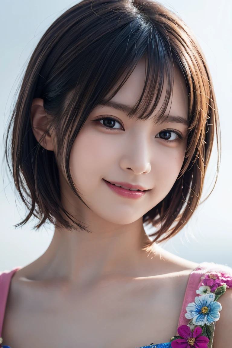 1 girl,(wearing colorful stage costume:1.2),very beautiful japanese idol portrait,close up of face,(RAW photo,best quality),(real,realistic:1.4),(masterpiece),very delicate and beautiful,very detailed,2k wallpaper,amazing,finely detailed,highly detailed CG Unity 8K wallpaper,very detailed,high resolution,soft light,beautiful detailed girl,very detailed eyes and face,beautiful refined nose,finely beautiful eyes,cinema lighting,(simple light color background:1.3),(short hair),(bob),full anatomy,slender body,small breasts,smiling,