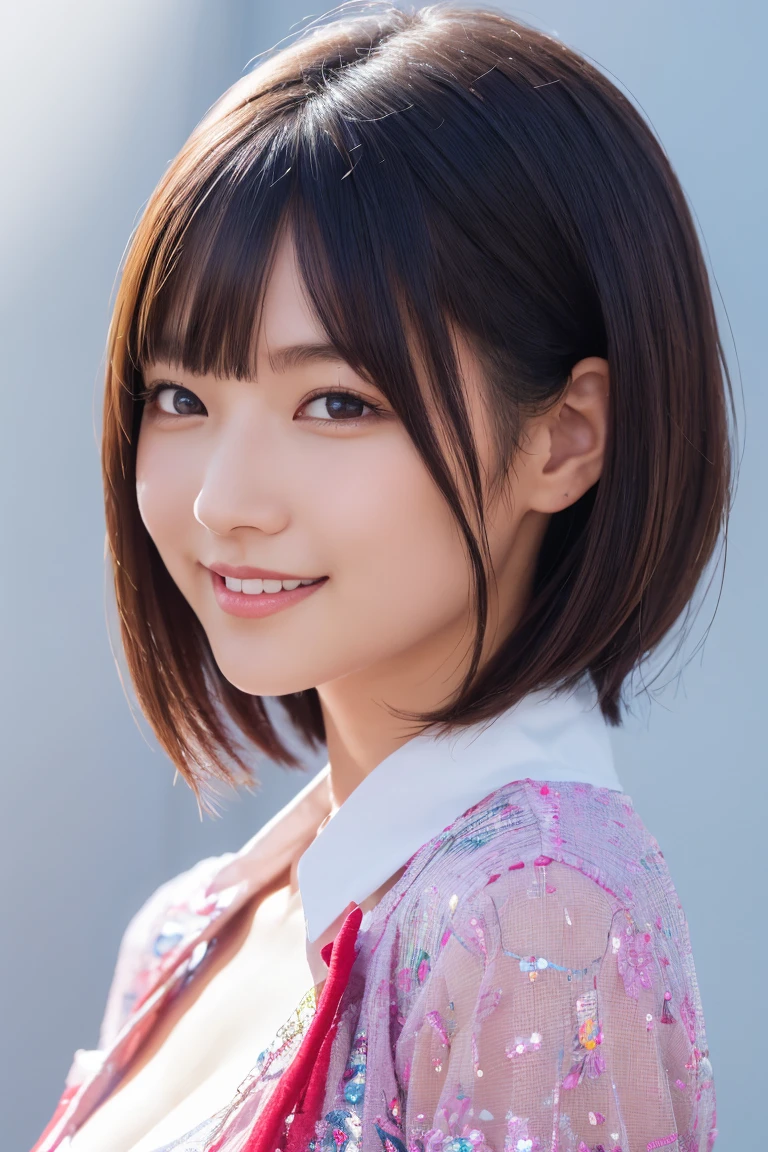 1 girl, (Wearing colorful stage costumes:1.2), Very beautiful Japanese idol portraits, Face close-up, (RAW Photos, highest quality), (Realistic, Realistic:1.4), (masterpiece), Very delicate and beautiful, Very detailed, 2k wallpaper, wonderful, finely, Very detailed CG Unity 8K wallpaper, Very detailed, High resolution, Soft Light, Beautiful detailed girl, Very detailed目と顔, Beautiful and sophisticated nose, Finely beautiful eyes, Cinema Lighting, (Simple light color background:1.3), (short hair), (Bob), Complete Anatomy, Slender body, Small breasts, smile