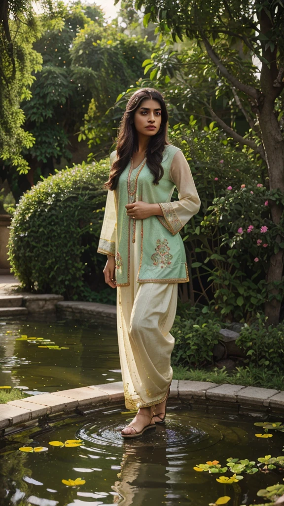 A beautiful portrait of a young man with striking features, wearing a traditional Pakistani outfit, standing in a lush, verdant garden with blooming flowers and a serene pond in the background, (best quality,4k,8k,highres,masterpiece:1.2),ultra-detailed,(realistic,photorealistic,photo-realistic:1.37),detailed facial features, intricate embroidery on clothing, soft natural lighting, vibrant colors, cinematic composition, dramatic lighting, ornate architecture in the background, Pakistan, portrait, detailed face, traditional clothing, lush garden, pond, flowers, cinematic lighting, dramatic composition