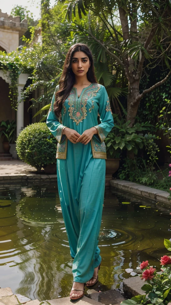 A beautiful portrait of a young man with striking features, wearing a traditional Pakistani outfit, standing in a lush, verdant garden with blooming flowers and a serene pond in the background, (best quality,4k,8k,highres,masterpiece:1.2),ultra-detailed,(realistic,photorealistic,photo-realistic:1.37),detailed facial features, intricate embroidery on clothing, soft natural lighting, vibrant colors, cinematic composition, dramatic lighting, ornate architecture in the background, Pakistan, portrait, detailed face, traditional clothing, lush garden, pond, flowers, cinematic lighting, dramatic composition