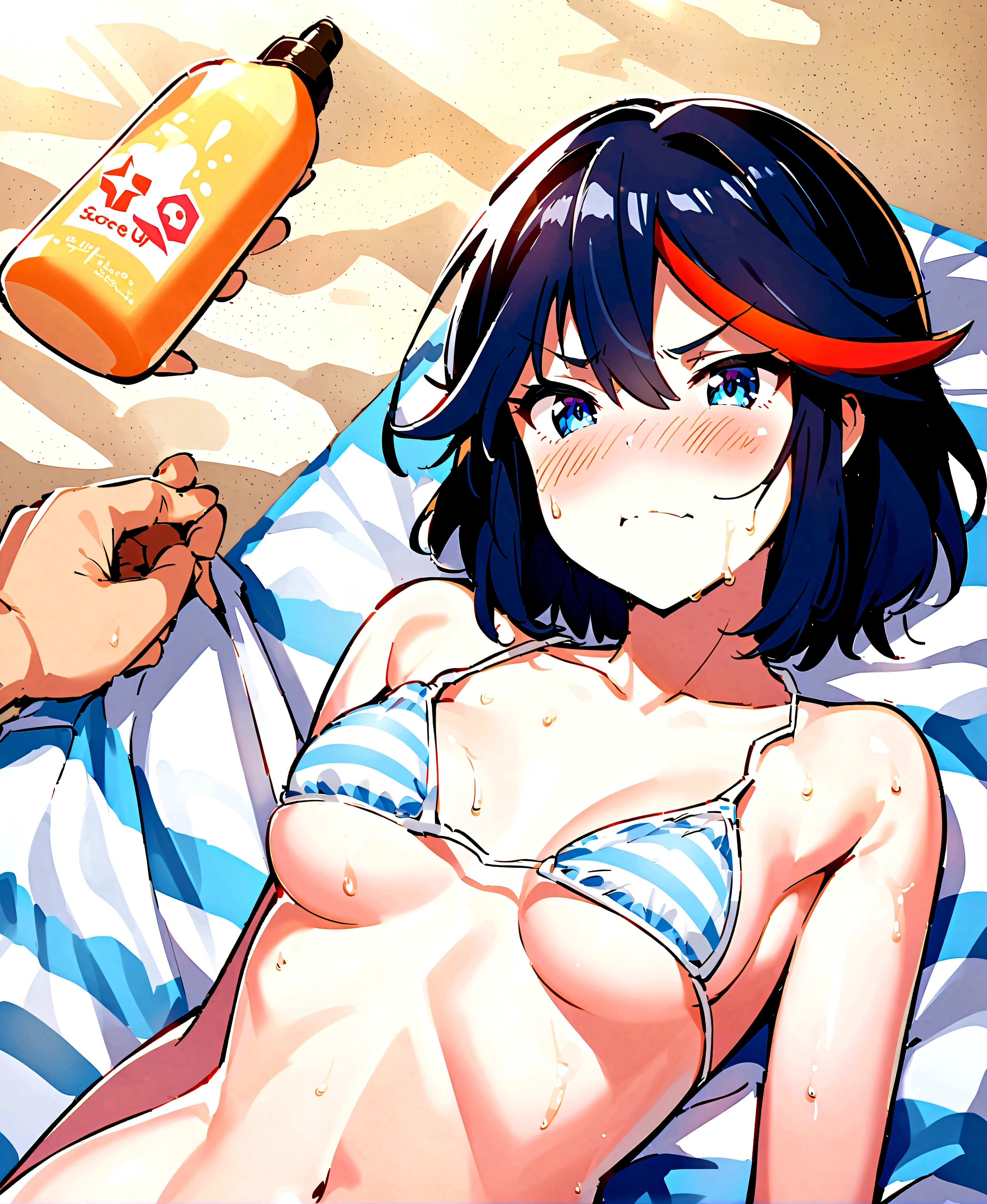 score_9, score_8_up, score_7_up, cowboy shot, 1girl, looking back, Anime Studio Trigger, blue and white bikini, striped panties, striped bikini, matoi ryuuko, sunbathing, tanning, untied bikini top, covered breast, small breasts, female laying on back, pov hands,  female, annoyed face, outdoors, beach, sand, beach towel, sunlight, big sunscreen bottle, massage, massaging, groping, coping a feel, 1 anger vein on female head, exposed back,  nude back, blushing, oily skin, greasy skin, lotion on skin