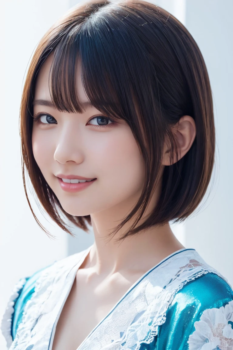 1 girl, (Wearing colorful stage costumes:1.2), Very beautiful Japanese idol portraits, Face close-up, (RAW Photos, highest quality), (Realistic, Realistic:1.4), (masterpiece), Very delicate and beautiful, Very detailed, 2k wallpaper, wonderful, finely, Very detailed CG Unity 8K wallpaper, Very detailed, High resolution, Soft Light, Beautiful detailed girl, Very detailed目と顔, Beautiful and sophisticated nose, Finely beautiful eyes, Cinema Lighting, (Simple light color background:1.3), (short hair), (Bob), Complete Anatomy, Slender body, Small breasts, smile