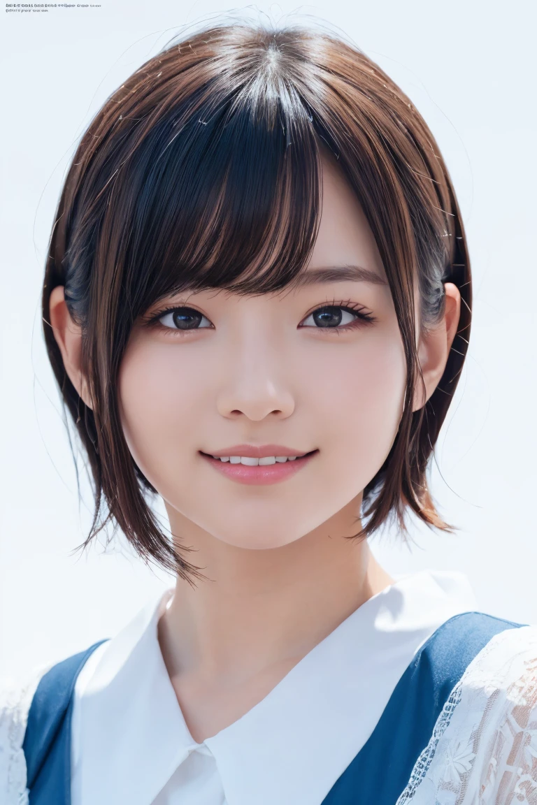 1 girl, (Wearing colorful stage costumes:1.2), Very beautiful Japanese idol portraits, Face close-up, (RAW Photos, highest quality), (Realistic, Realistic:1.4), (masterpiece), Very delicate and beautiful, Very detailed, 2k wallpaper, wonderful, finely, Very detailed CG Unity 8K wallpaper, Very detailed, High resolution, Soft Light, Beautiful detailed girl, Very detailed目と顔, Beautiful and sophisticated nose, Finely beautiful eyes, Cinema Lighting, (Simple light color background:1.3), (short hair), (Bob), Complete Anatomy, Slender body, Small breasts, smile