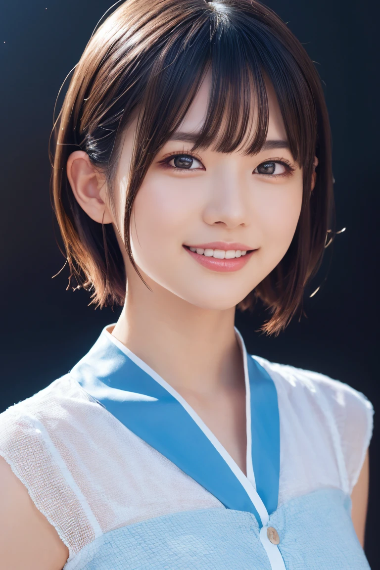 1 girl, (Wearing colorful stage costumes:1.2), Very beautiful Japanese idol portraits, Face close-up, (RAW Photos, highest quality), (Realistic, Realistic:1.4), (masterpiece), Very delicate and beautiful, Very detailed, 2k wallpaper, wonderful, finely, Very detailed CG Unity 8K wallpaper, Very detailed, High resolution, Soft Light, Beautiful detailed girl, Very detailed目と顔, Beautiful and sophisticated nose, Finely beautiful eyes, Cinema Lighting, (Simple light color background:1.3), (short hair), (Bob), Complete Anatomy, Slender body, Small breasts, smile