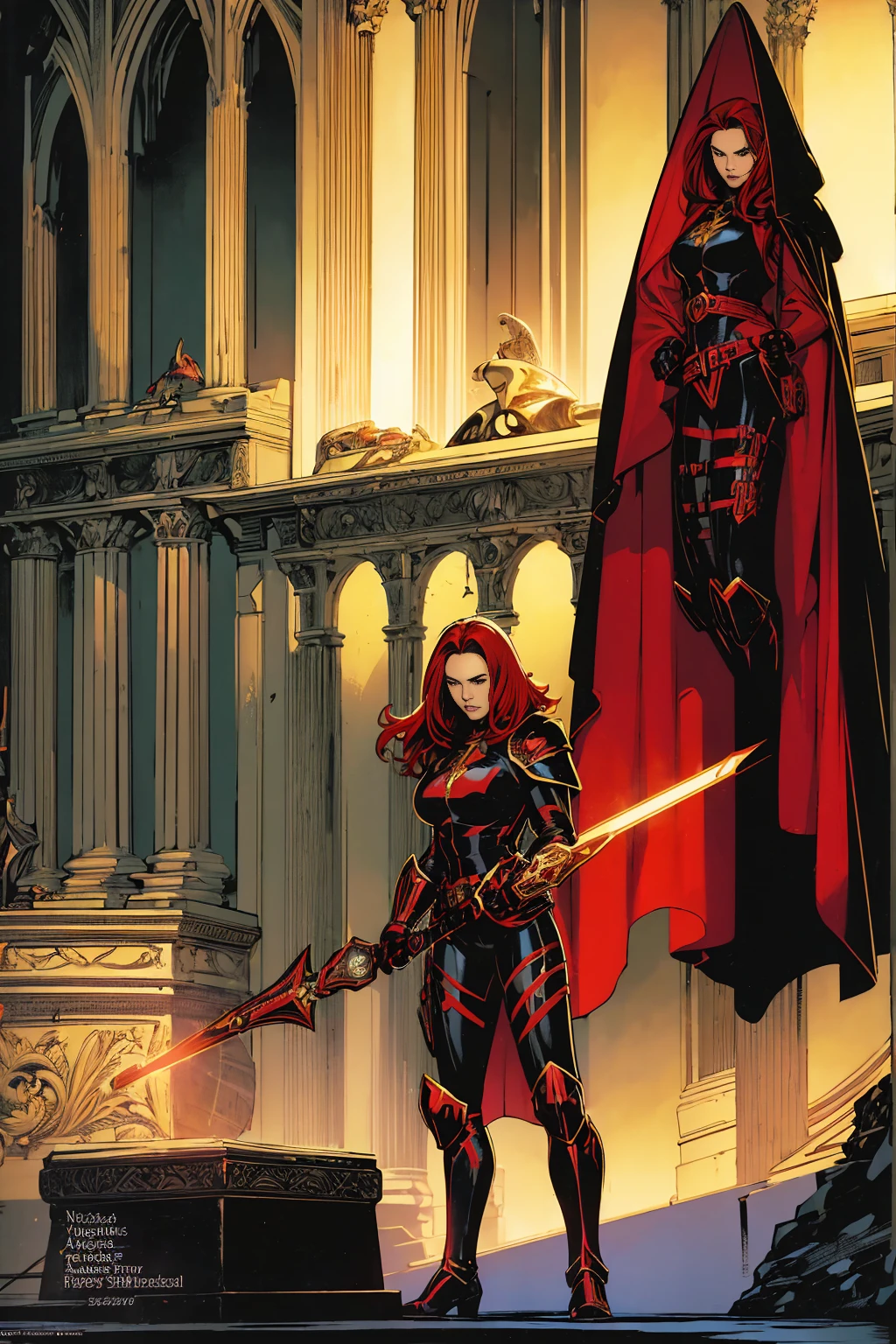 ((Full body photo, standing, feet on the ground))  1 red hair girl Magdalena wearing holy armor and black suit, on graveyard at night, holding holy spear, solo, digital art, comic book style, top cow comics, 2D art, best quality, masterpiece
