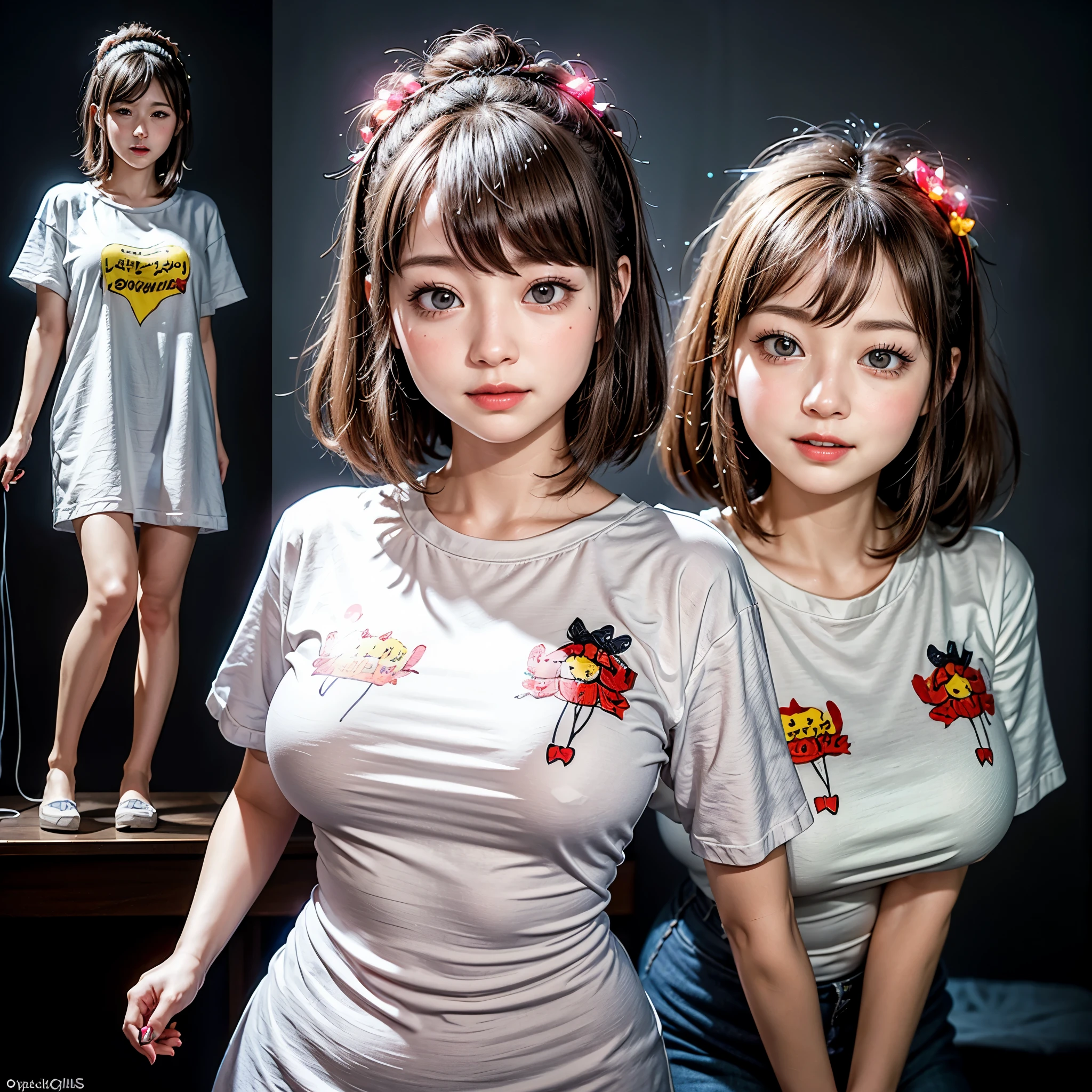 White and Bright Red, (Masterpiece 8K TopQuality:1.2) (ProfessionalPhoto:1.37) ExtremelyDetailed (((FullBody, KAWAII girl with HUGE boobs:1.37)) in (WHITE cotton T-shirt dress:1.28) with (LifeSize her Rialistic portrait printed on it:1.37)) detailed (Delicate cotton textures) ((Studio Dark GRAY Background) with (Oodles Dazzling Neon Color Particles:1.32))  BREAK  (((NOGIZAKA FaceVariations))), Extremely Detailed (very KAWAII Face), Childish CaptivatingGaze Stunning ParfectEyes ElaboratePupils with (SparklingHighlights:1.28), DoubleEyelids with (Detailed Voluminous LongEyelashes:0.88), Small GlossyRedLips with BeautifulDetails, CoquettishTongue, PUNIPUNI RosyCheeks, Radiant PearlSkin with Transparency, Glowing DowneyHair . { (Dynamic Joyful expressions LifeLike Rendering:1.4) | (:d) }, (large eyes:-1) . 