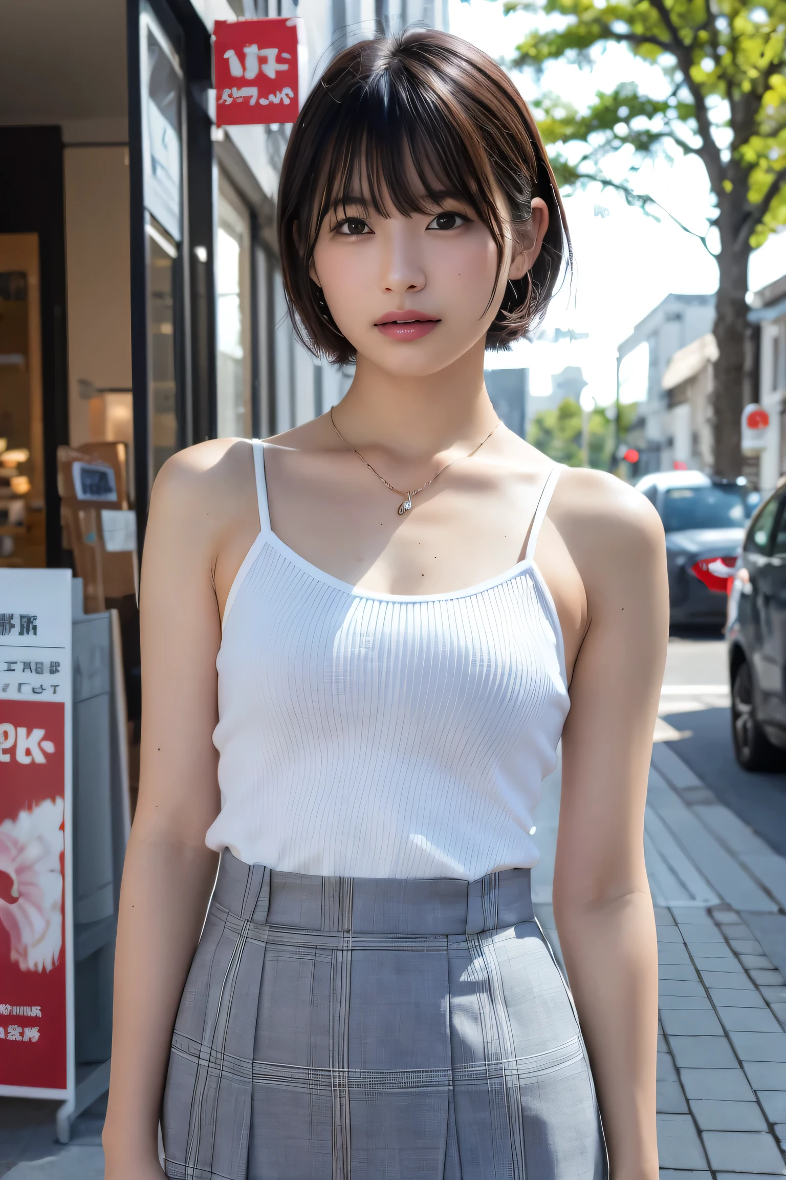 ((8K:1.27)、Highest quality、masterpiece、Ultra-high resolution:1.2)Beautiful Japanese Women Photos(fun:1.1) grayス、There are good ones、Gradient lighting、One Girl、Delicate skin、Look at this、Brown eyes、(Short hair with bangs:1.2)、(middle breast wheel:0.8)、(Realistic:1.4)、(Highest quality:1.0)、(Ultra-high resolution:1.0)、8K、Original photo、(masterpiece:0.2)、(Pure love face_v1:0.5)、 結び目のあるショルダーPlaidのドレス、Spaghetti Straps、Spaghetti Straps、Plaid、Super mini length、Multicolor、gray、No sleeve、Round neck、What can I do for you?、Staring at this、Omotesando in the morning、street tree、Stylish city views、theme、Tilt、Look at this、lol、Futomo、Slightly thicker、Big Ass、necklace、SLR、Morning light、The morning sun is dazzling、