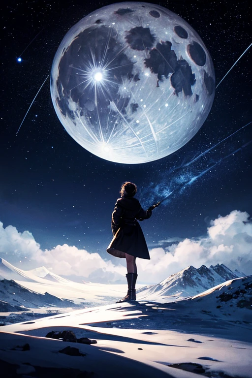 Highest quality,Big moon and shadow,A silhouette of a person can be seen against the backdrop of a large moon.,There is one full moon,There is a mood,Beautiful scenery,Starry Sky
