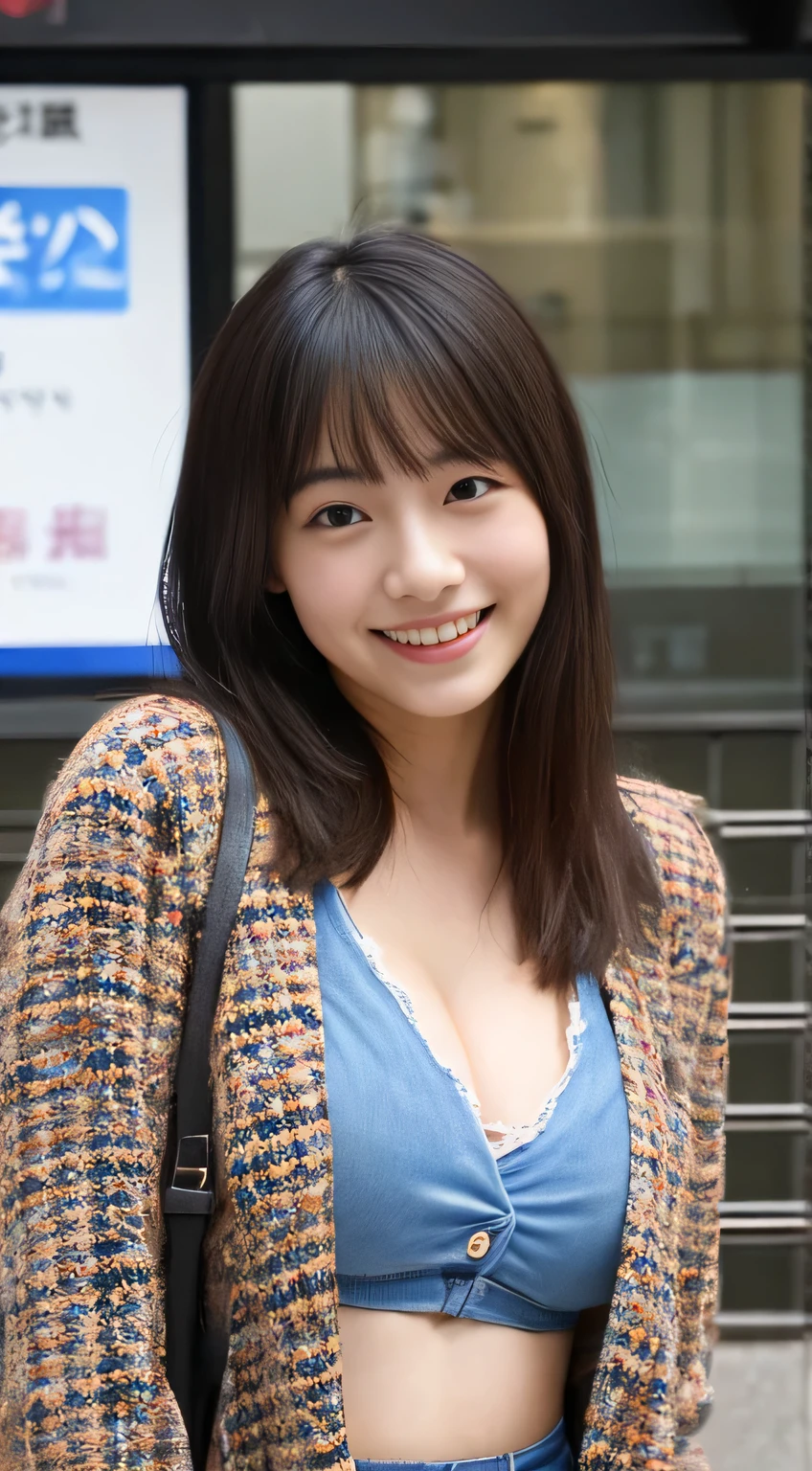 masterpiece,best quality,(Japanese ),((Beautiful girl)),cleavage,(perfect body beauty:1.2),(shy smile),beautiful teeth,Shibuya scramble crossing