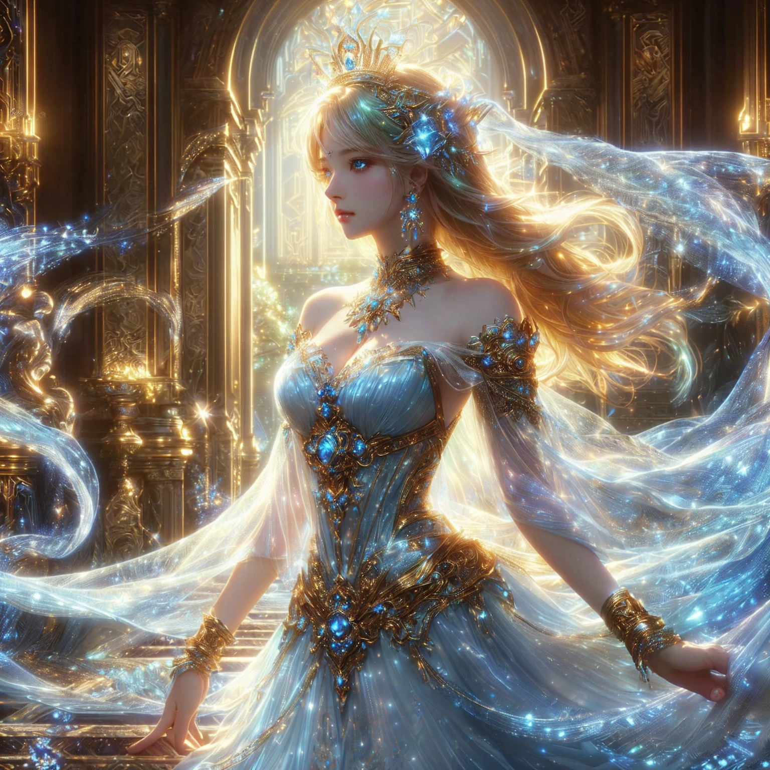 realistic woman , Close-up of a woman in a blue dress with lights shining behind her., extremely detailed , goddess, beautiful heavenly mage, High quality 8K detailed artwork., Argerm. anime illustration, Beautiful Fantasy Empress, beautiful devil girl, Fantasy anime artwork, beautiful goddess, Argerm style, Detailed digital anime art