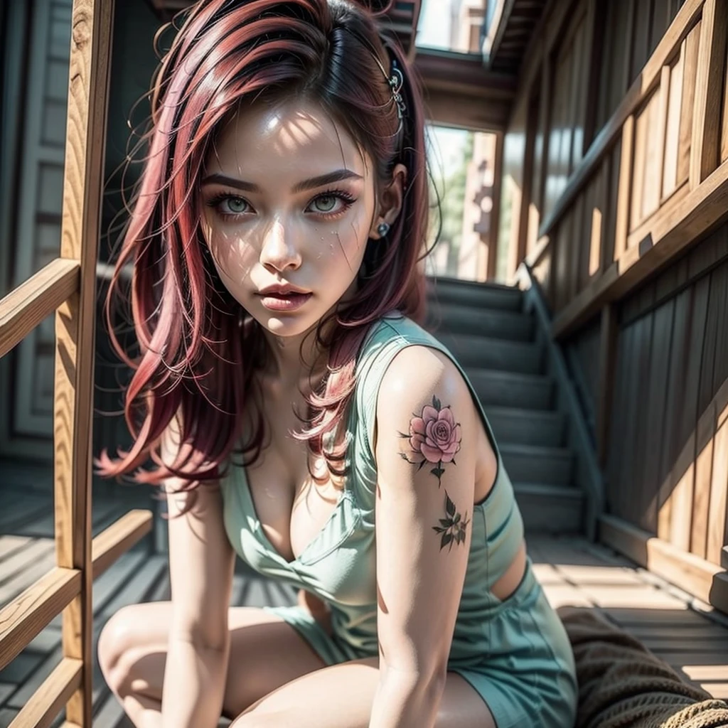 a tattooed girl sitting on a staircase looking at the city, fine and delicate woman, full body, realistic, pink pupils, beautiful eyes, long eyelashes, almond-shaped eyes, red makeup lips, punk style, intricate details, vivid details, detailed skin, detailed body, vivid colors, bokeh, long colorful hair, colorful hair, detailed skin, listening to music, cute figure. sitting. sensual legs curvy, seductive body. 1 girl, dinamic pose.
