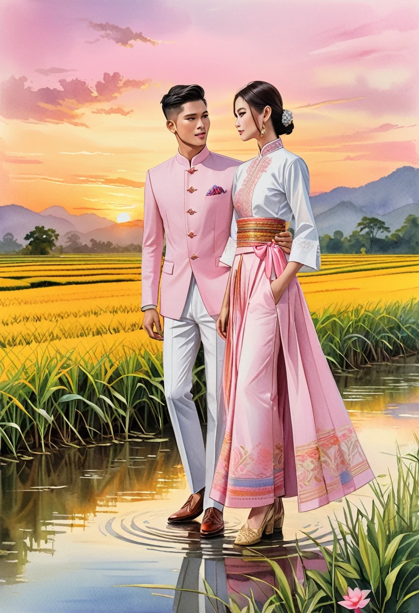 candid fashion illustration of two young man and women, 20-27 year old, adorned in a meticulously crafted North Thai traditional outfits, Lampang, ((showcase fashion Lanna style in cotton handwoven in pink)), simple elegant style, The man wears a simple long-sleeved white mandarin collar suit, paired with Tailor pants, and oxford shoes, The woman complements him with ankle-length wrap skirt, simple minimal patterns details, fitted intricately decorated waist-length blouse that complements the skirt, standing, Set against the backdrop of a breathtaking sunset at countryside, Chiangmai, rice farm, wild flower, Captured in full-body image, ((imperfect water color background)), sketching, realistic drawing, imperfect water color painting, fashion look book, fashion illustrator, sketch design,  the image boasts high-quality, Lanna, North Thai traditional costume.
