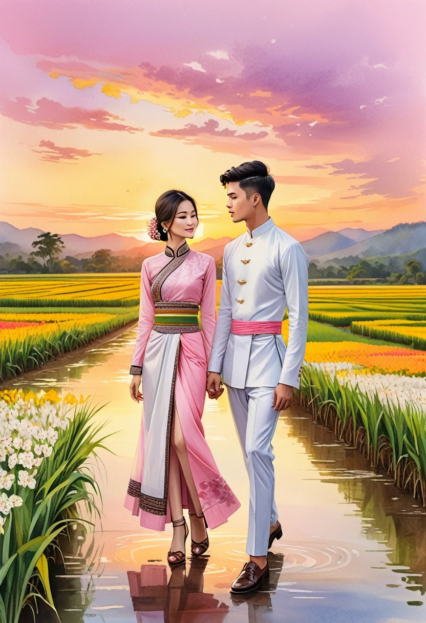 candid fashion illustration of two young man and women, 20-27 year old, adorned in a meticulously crafted North Thai traditional outfits, Lampang, ((showcase fashion Lanna style in cotton handwoven in pink)), simple elegant style, The man wears a simple long-sleeved white mandarin collar suit, paired with Tailor pants, and oxford shoes, The woman complements him with ankle-length wrap skirt, simple minimal patterns details, fitted intricately decorated waist-length blouse that complements the skirt, standing, Set against the backdrop of a breathtaking sunset at countryside, Chiangmai, rice farm, wild flower, Captured in full-body image, ((imperfect water color background)), sketching, realistic drawing, imperfect water color painting, fashion look book, fashion illustrator, sketch design,  the image boasts high-quality, Lanna, North Thai traditional costume.