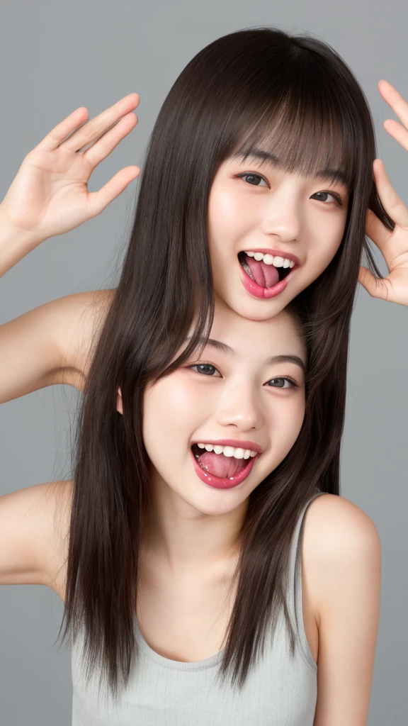 (((upper body shot))),(nude),(nipples),Ultra-high resolution,big eyes,smile,(open mouth with tongue),((tongue out)),Japanese,bangs,(a girl),(1 girl),((18-year-old)),((cute)),pretty,eyes closed,earrings
