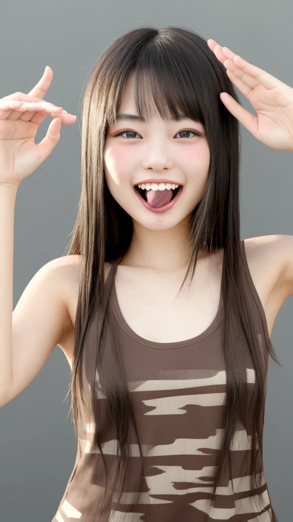 long tongue, tongue out, sticking out tongue, showing tongue, laughing with mouth wide open and teeth showing, natural smile, (((salute))), salute, Japanese girl, 20-year-old girl, beautiful, pretty face, cute face, mischievous expression, tank top,