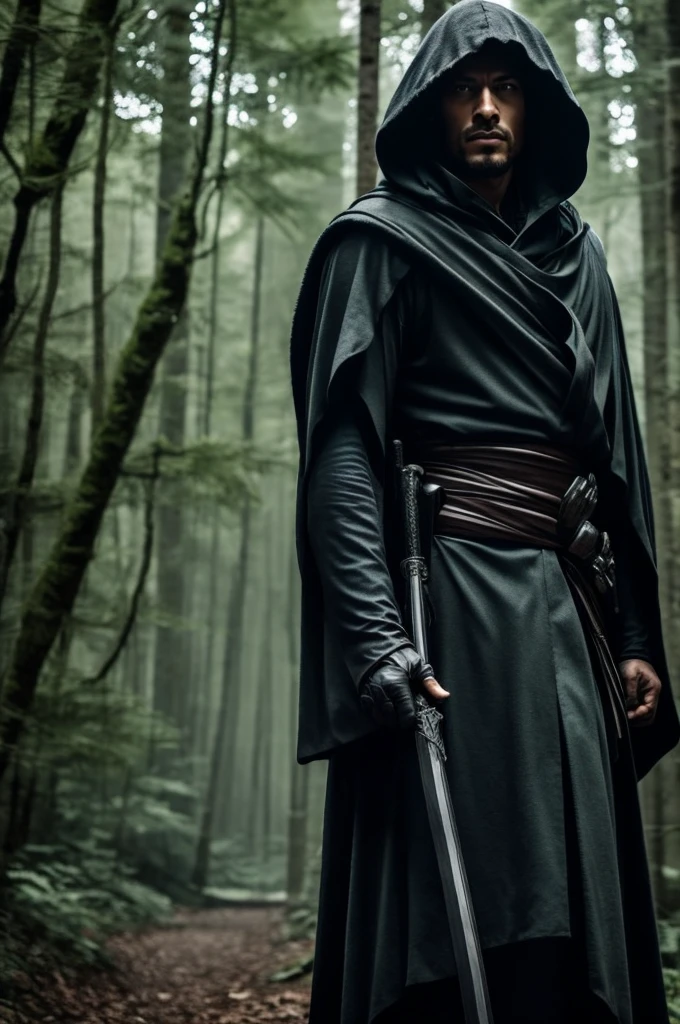 There is a man walking through a forest, He carries a katana, Wearing a hooded cloak. (Assassin) (Solo)