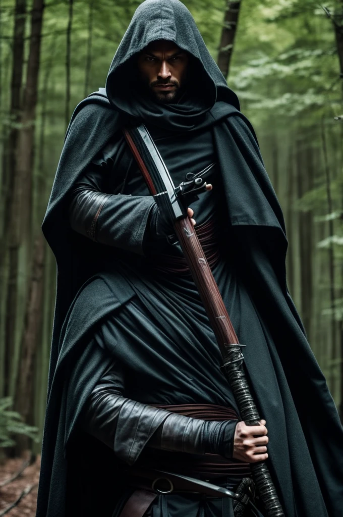 There is a man walking through a forest, He carries a katana, Wearing a hooded cloak. (Assassin) (Solo)