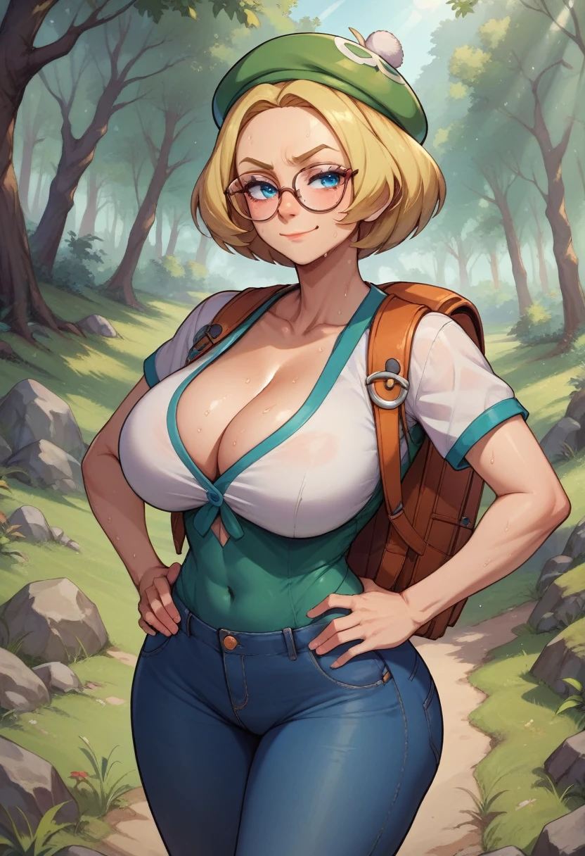 score_9, score_8_up, score_7_up, score_6_up, BREAK Bianca from pokemon, wearing hiking outfit, backpack, cleavage, big breasts, seductive smirk, hands holding own hips, sweating, wide hips, big ass, in a forest, jeans, long sleeved shirt, blonde hair, glasses