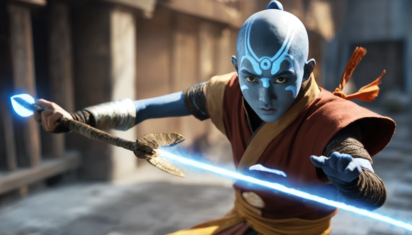 Make a realistic representation of Aang, the last airbender, with the dark blue arrow on his forehead, showing his mastery of all bending elements while in the powerful Avatar state. Ultra detailed, HD, 8K