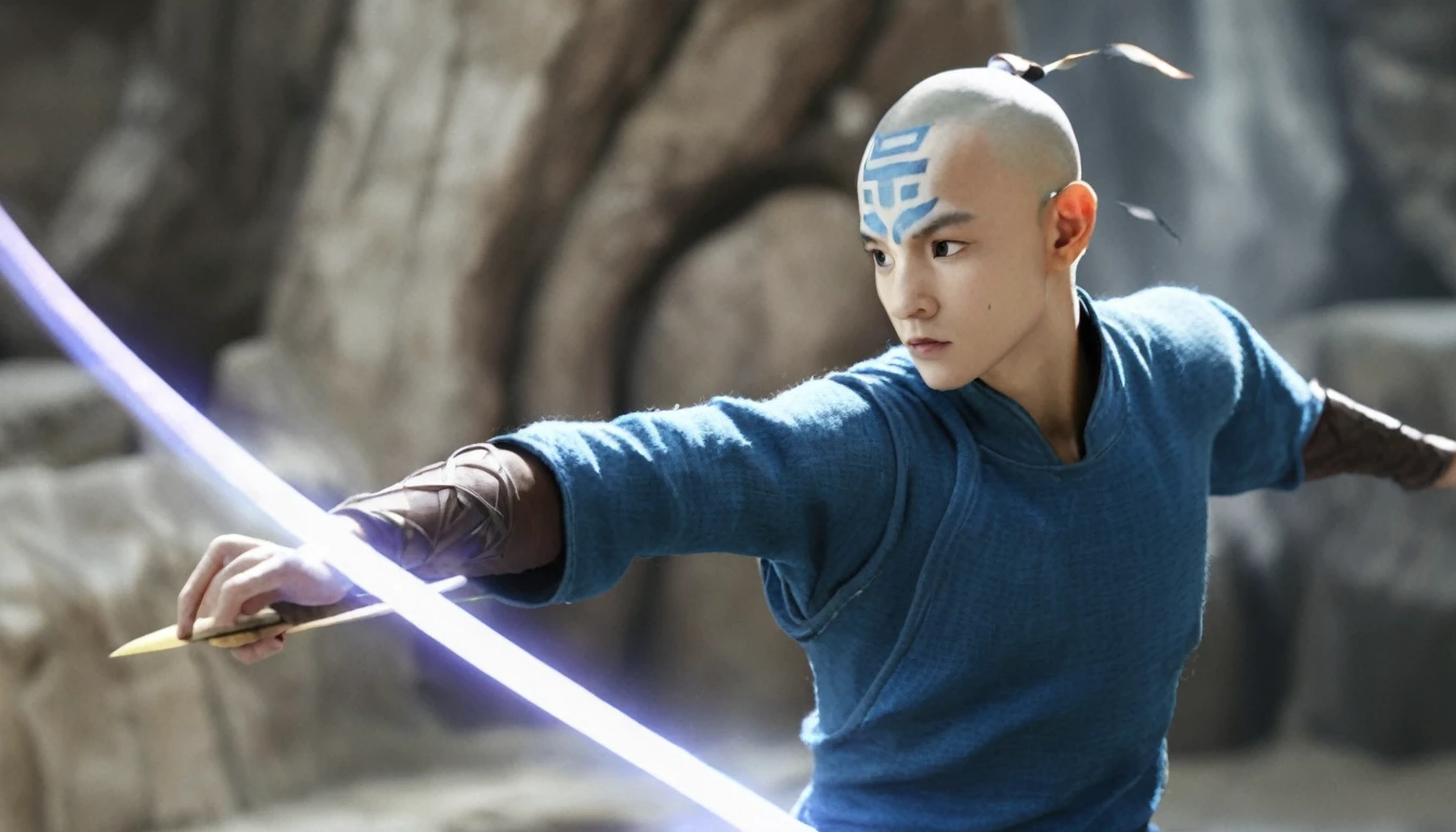 Make a realistic representation of Aang, the last airbender, with the dark blue arrow on his forehead, showing his mastery of all bending elements while in the powerful Avatar state. Ultra detailed, HD, 8K