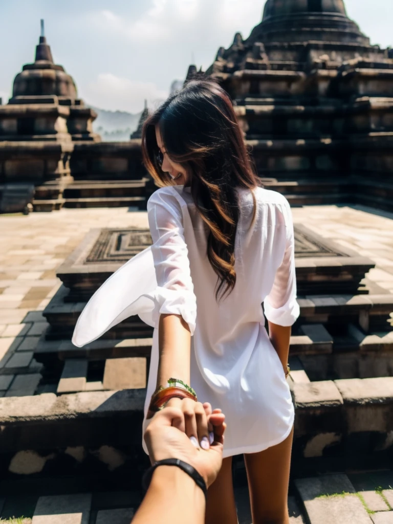 bf_holding_hands,  walking in Borobudur tample, rainbow, 
detailed,8k, detailed shadow, 1 botomless plum girl, long hair, ombre blonde hair, white transparent shirt, jewelry ,(masterpiece,best quality),
