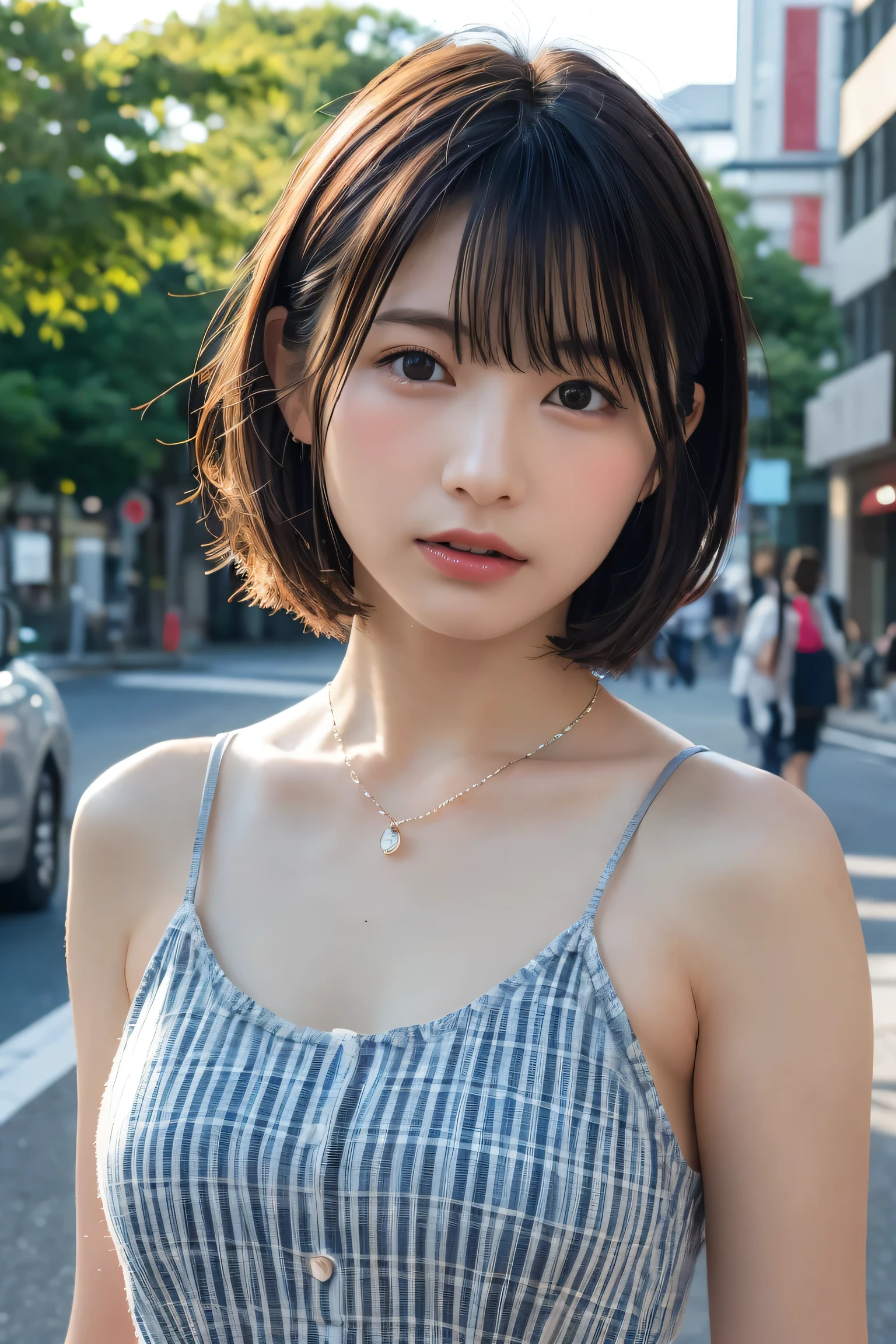 ((8K:1.27)、Highest quality、masterpiece、Ultra-high resolution:1.2)Beautiful Japanese Women Photos(fun:1.1) grayス、There are good ones、Gradient lighting、One Girl、Delicate skin、Look at this、Brown eyes、(Short hair with bangs:1.2)、(middle breast wheel:0.8)、(Realistic:1.4)、(Highest quality:1.0)、(Ultra-high resolution:1.0)、8K、Original photo、(masterpiece:0.2)、(Pure love face_v1:0.5)、 結び目のあるショルダーPlaidのドレス、Spaghetti Straps、Spaghetti Straps、Plaid、Super mini length、Multicolor、gray、No sleeve、Round neck、What can I do for you?、Staring at this、Omotesando in the morning、street tree、Stylish city views、theme、Tilt、Look at this、lol、Futomo、Slightly thicker、Big Ass、necklace、SLR、Morning light、The morning sun is dazzling、