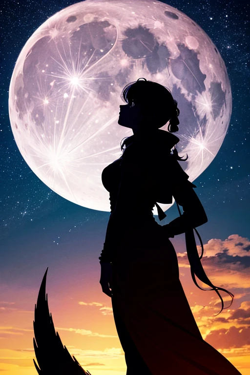 Highest quality,Big moon and shadow,A silhouette of a person can be seen against the backdrop of a large moon.,There is one full moon,There is a mood,Beautiful scenery,Starry Sky