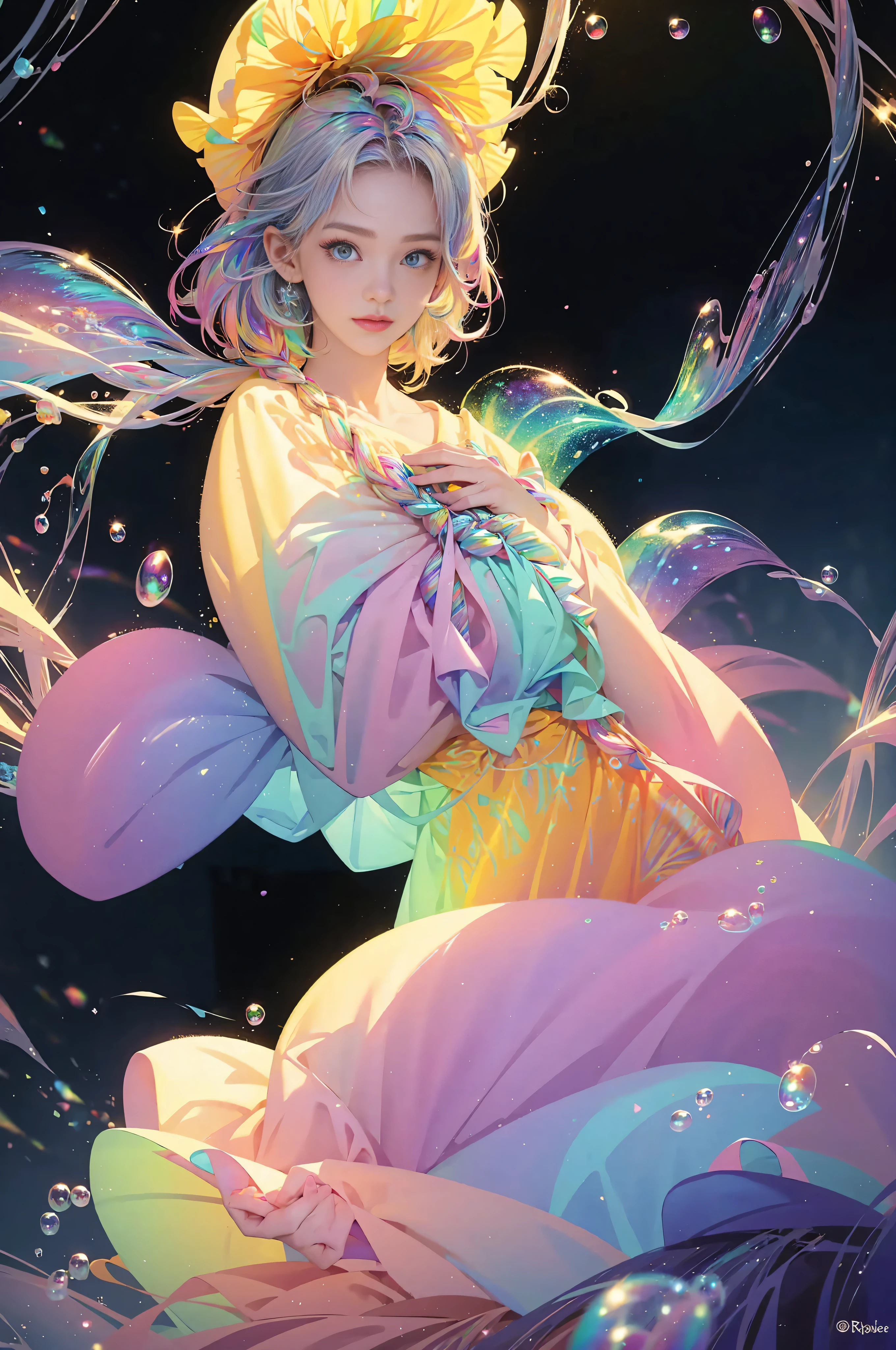 masterpiece, Highest quality, Intricate details, Excellent anatomy、beautiful girl, Sparkling eyes, Otherworldly liquid fantasy background, watercolor, Bright and vibrant colors, Whimsical, colorful, Fluffy layered long sleeve ball gown, ((Rainbow bubbles))