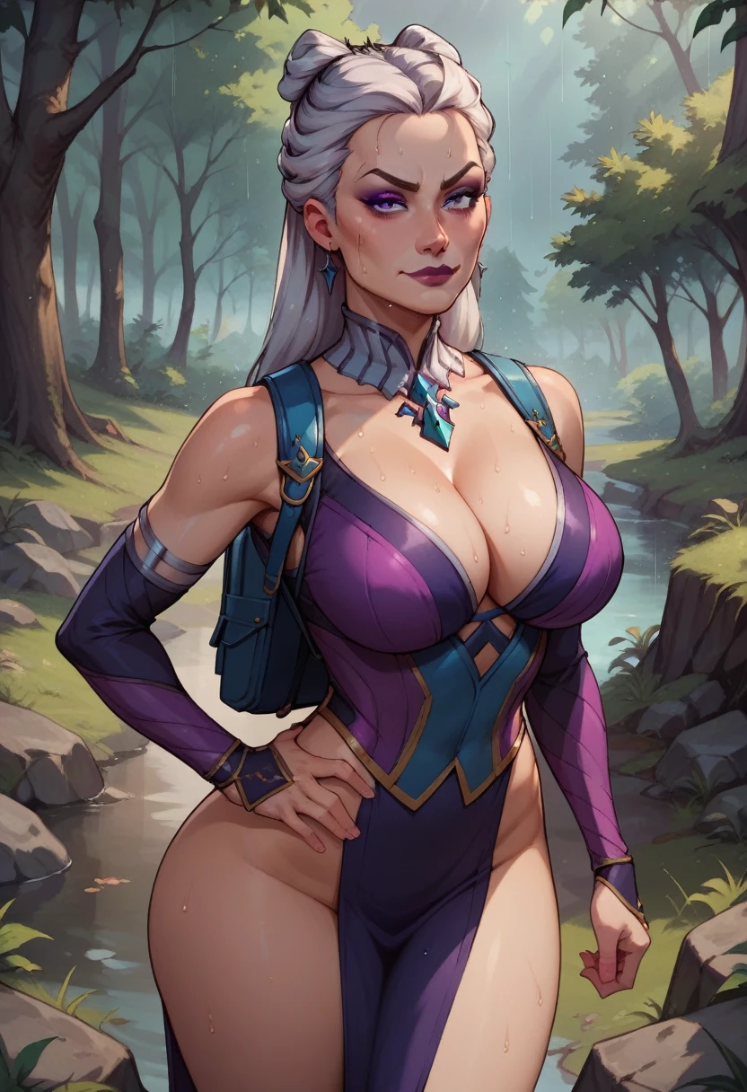 score_9, score_8_up, score_7_up, score_6_up, BREAK Sindel, backpack, cleavage, big breasts, seductive smirk, hands holding own hips, sweating, wide hips, big ass, in a forest, raining, frontal shot