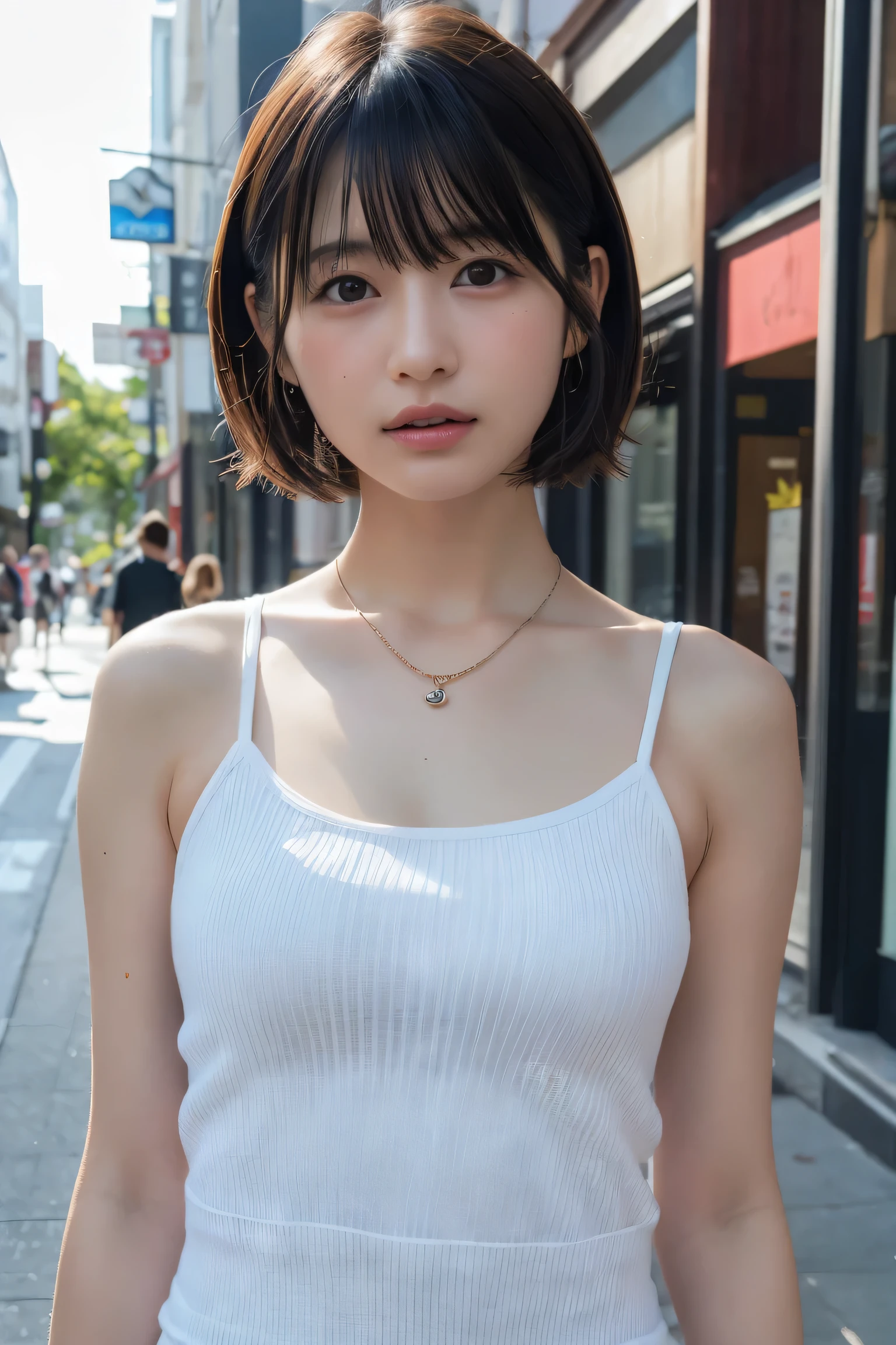 ((8K:1.27)、Highest quality、masterpiece、Ultra-high resolution:1.2)Beautiful Japanese Women Photos(fun:1.1) grayス、There are good ones、Gradient lighting、One Girl、Delicate skin、Look at this、Brown eyes、(Short hair with bangs:1.2)、(middle breast wheel:0.8)、(Realistic:1.4)、(Highest quality:1.0)、(Ultra-high resolution:1.0)、8K、Original photo、(masterpiece:0.2)、(Pure love face_v1:0.5)、 結び目のあるショルダーPlaidのドレス、Spaghetti Straps、Spaghetti Straps、Plaid、Super mini length、Multicolor、gray、No sleeve、Round neck、What can I do for you?、Staring at this、Omotesando in the morning、street tree、Stylish city views、theme、Tilt、Look at this、lol、Futomo、Slightly thicker、Big Ass、necklace、SLR、Morning light、The morning sun is dazzling、