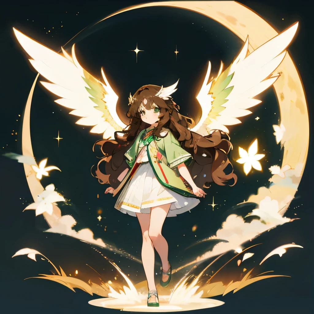 brown hair, wavy hair, straight hair, kawaii, anime, Cute, hyper quality, highly detailed, full body, 16k, green eyes, private clothes, wings on the back of body, one girl, nature background, moonlight, Meteor shower, light effects, Wings of light, one brown bird, highlight, hair accessory, flower garden