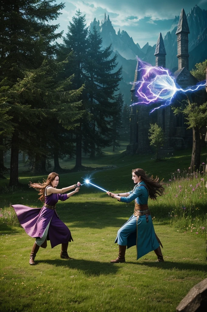 fantasy meadow setting, female sorcerer fighting another person with visible magic powers