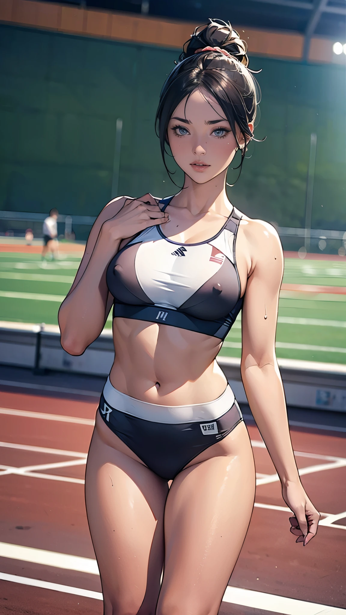 (masterpiece:1.2, Highest quality,Highest quality),(Very detailed:1.3),8K,wallpaper,(Concept Art),Ultra-fine painting,Narrow your focus,(Middle-aged women),(Beautiful Face),(Shiny skin:1.2),(Japanese),(美しいhand,素晴らしいhand),(sports bra for track and field:1.2),(Racing Bloomers:1.2),((Satanic attraction)),(She is standing in the athletics stadium:1.5),(Muscular:1.3),(Thick thighs:1.3),(perfectionなプロポーション),(front:1.5),(((hand,detailed,perfection,perfectionion,hand))),((detailedなhand)),((Background Blur:1.2)),(Nipples are erect from excitement),((I'm sweating all over from excitement:1.4))