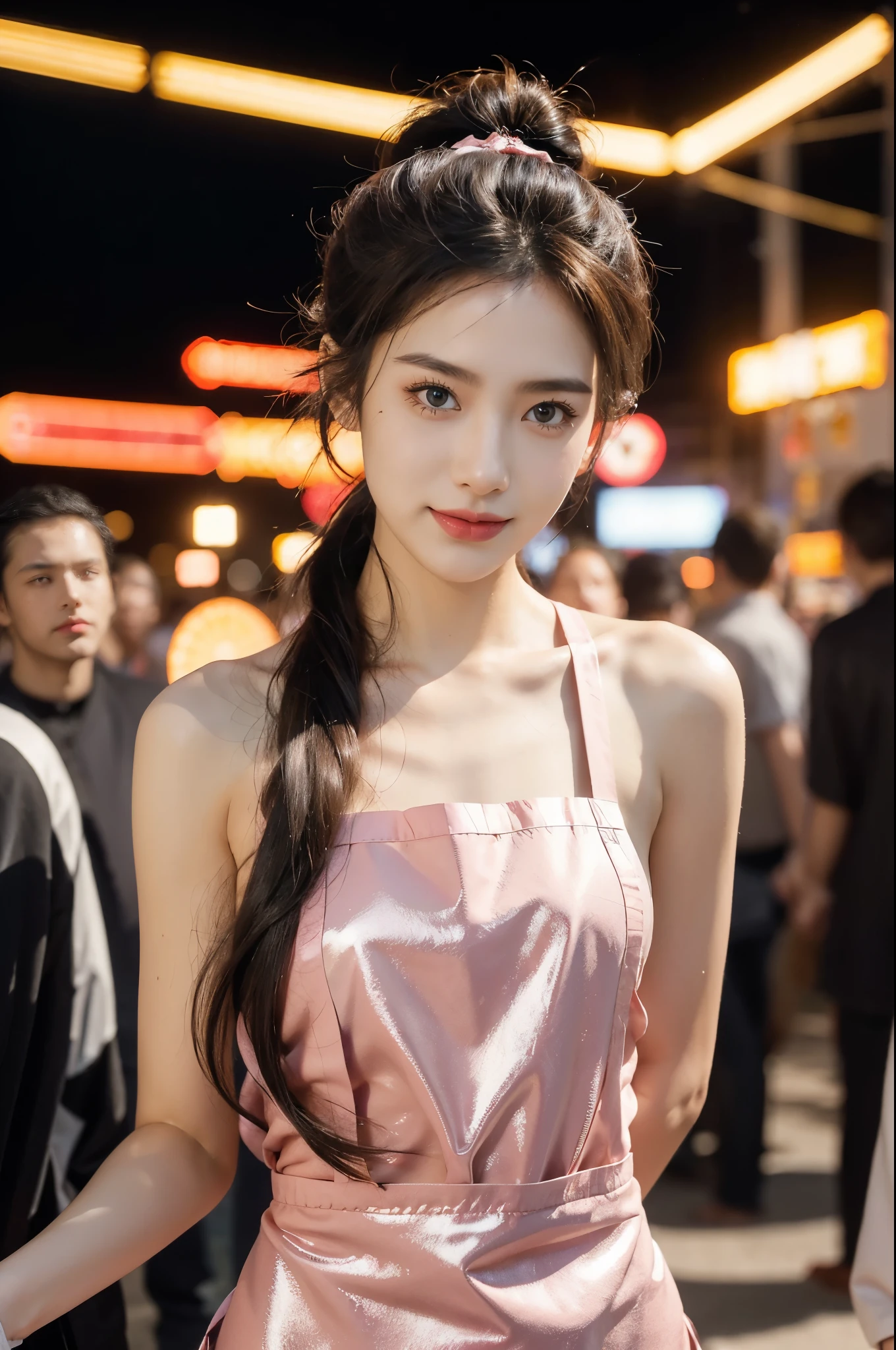 (((best quality))),(((ultra detailed))),(((masterpiece))),illustration,((1 beautiful girl,solo)),((slim,thin)),((small breasts,flat chest)),summer night,metropolis,barbecue joint,humble,vibrant energy,city that never sleeps,(short ponytail:1.2),(((female orgasmic,blush))),(sweat:1.3),(shiny skin:1.5),(sheer apron:1.3),((bare shoulders,bare arms)),(gloves:1.3),(slender legs:1.2),lightweight,practicality,style,sizzling hot grill,smooth,tanned skin,soft glow,skillfully,skewers,meat,intense concentration,bright eyes,alert,passion for work,atmosphere,vibrant,dynamic,laughter,conversation,sizzle,crackle,aromatic scent,tinged,radiant smile,genuine enjoyment,easy manner,warm presence,community,dedication,beauty in simplicity,midst of bustling city streets,outdoor,midnight,((from front,upper body)),(surrounded by crowded crowds:1.3)