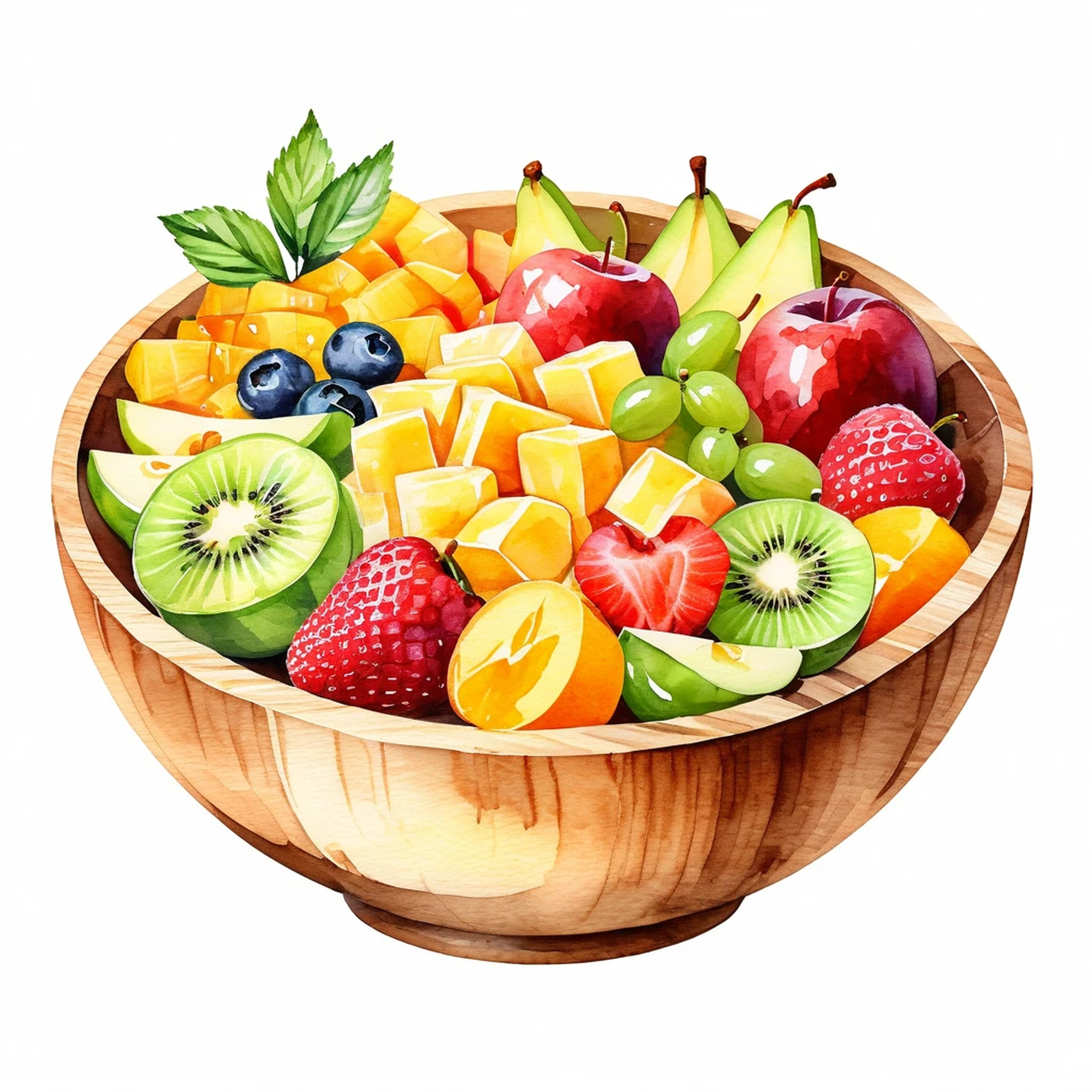 a painting of a wooden bowl of delicious fruit salad , ((watercolor)), cartoon style, solid white background, center composition, negative space around the object, washed out color, detailed masterpiece,  loose drawing, clipart,