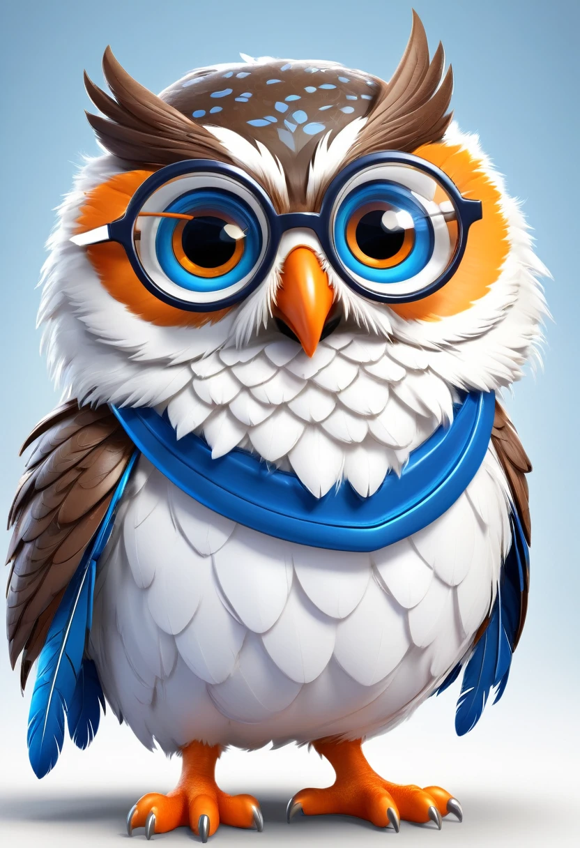cute，young，Nerd anthropomorphic owl cartoon character wearing glasses and vest，Chubby and stout with large and distinctive head feathers，White quail face with white accents，Blue feather body and orange accent wings，Various poses and emotions，Children&#39;s Book Illustrations，Kawaii style，Qibi style，White background，monochrome，No contours，- with 128:85-stylize 750