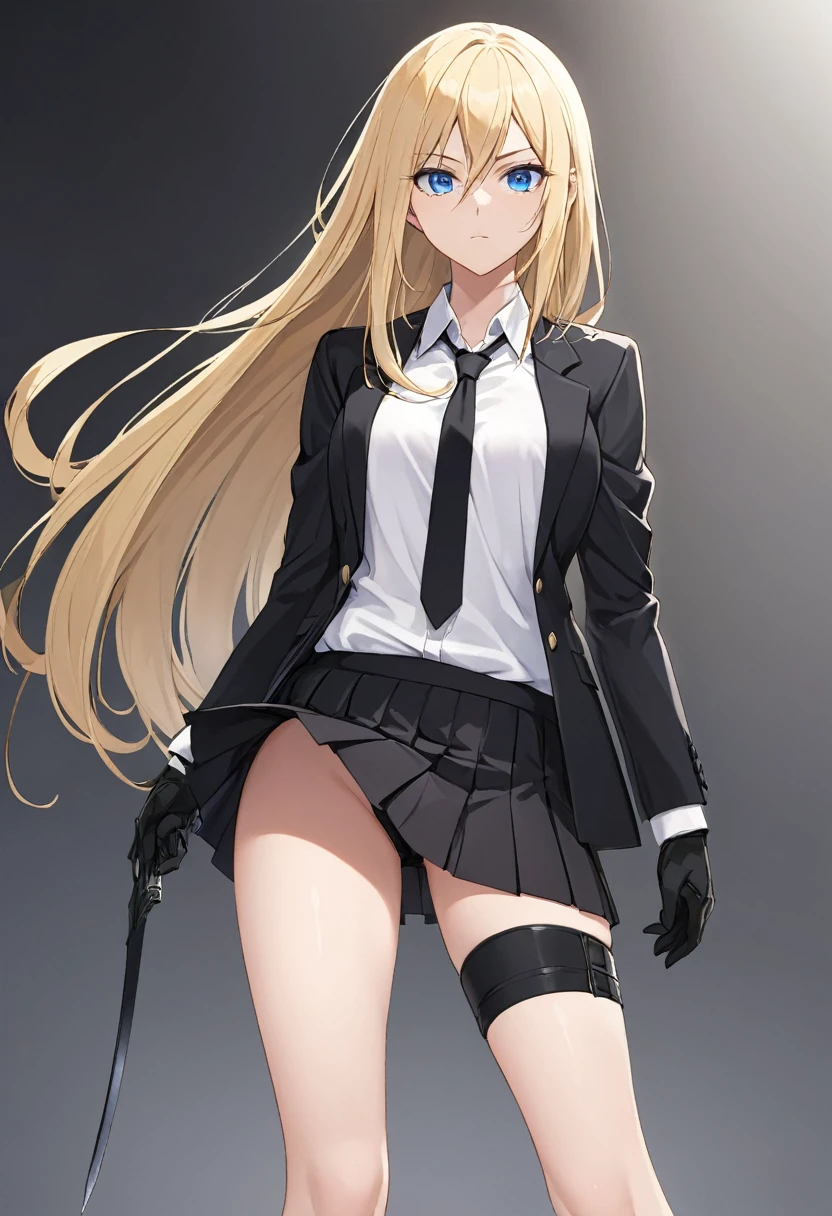 Black miniskirt , black shoes , white dress shirt , face , assassin , black shorts blazer , black long tie , whole body , bare legs , thighs , whole body , pleated skirt , Black gloves , standing posture , blonde hair , blue eyes , straight hair , close up