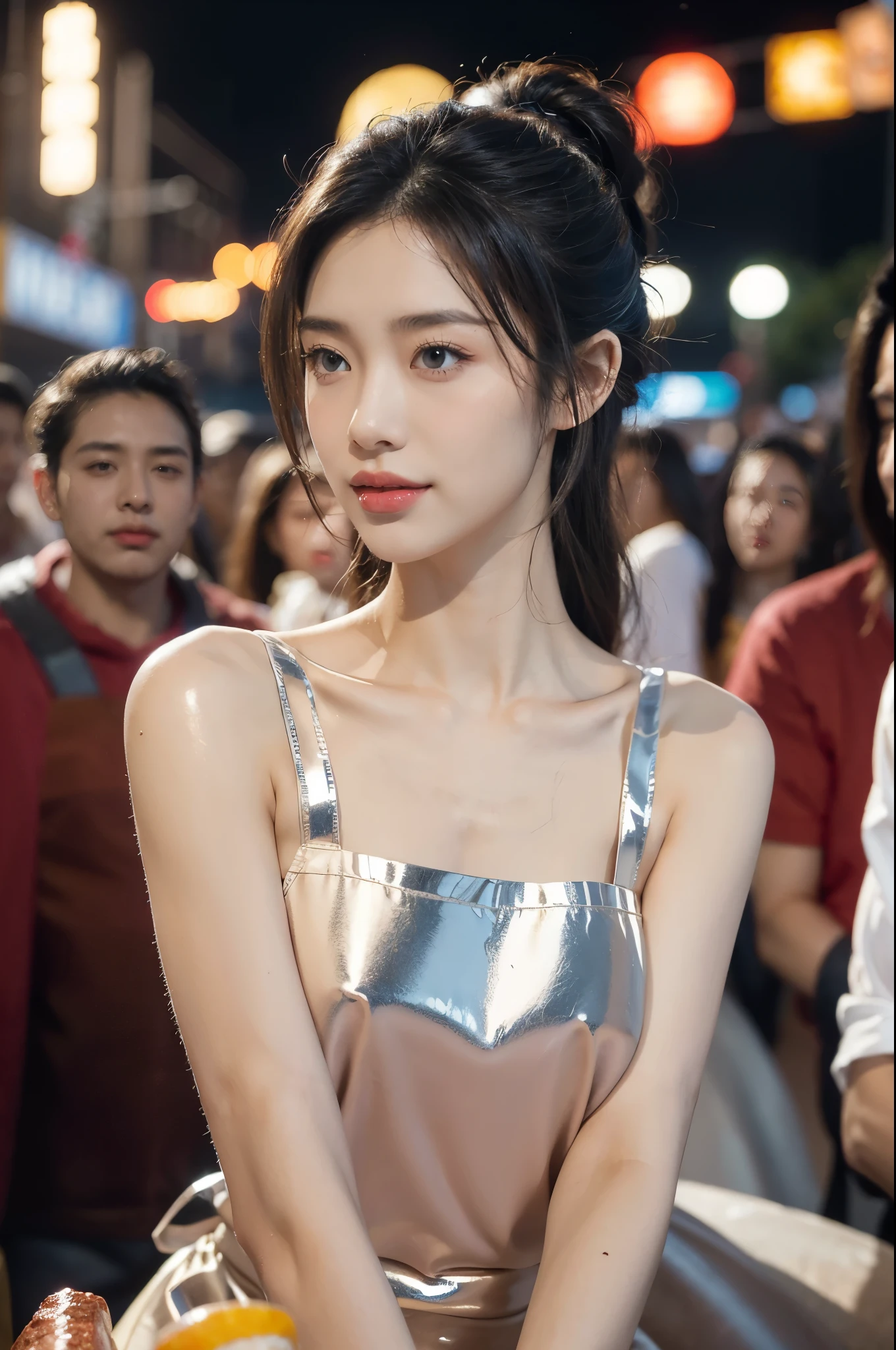 <lora:Lizhi-May11-000020:0.66>  ,
street,new year,crowd, night,starry sky, 
1girl, sleeveless turtleneck leotard (under clothes), looking at viewer, light smile, bokeh, (parted lips), best quality, (photorealistic:1.4), ultra highres,