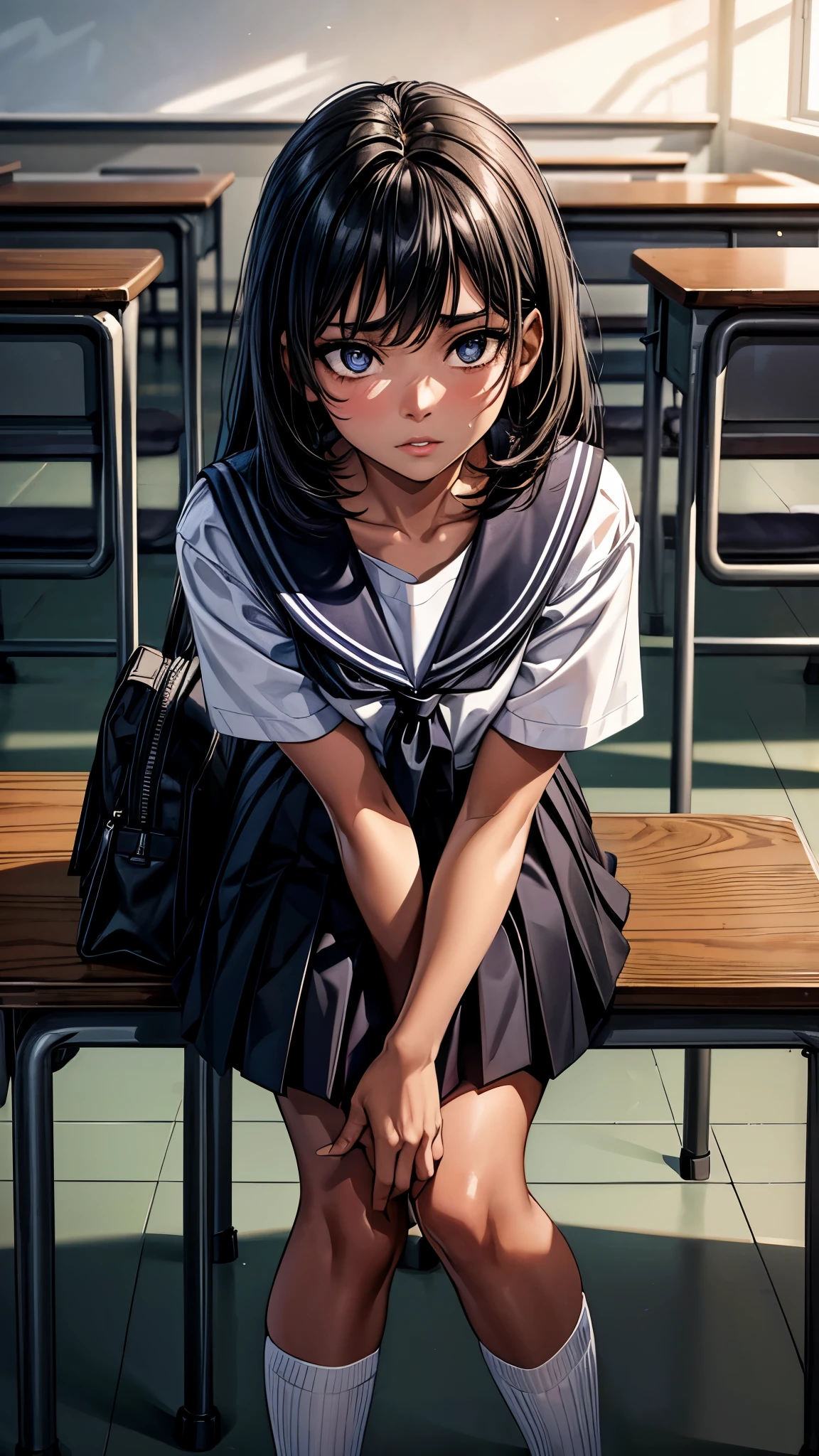 beautiful detailed eyes, beautiful detailed lips, extremely detailed eyes and face, longeyelashes, 1 girl, face close up, inside the school, inside the classroom, 16 years old, sweat, dark skin color, (very short black hair),displeased, sulky, sailor suit, dark blue color, white shirts, short sleeve, school, dark blue skirt, black skirt, high socks, sneaker, school bag, best quality, 4k, 8k, highres, masterpiece:1.2, ultra-detailed, realistic, photorealistic, photo-realistic:1.37, HDR, UHD, studio lighting, ultra-fine painting, sharp focus, physically-based rendering, extreme detail description, professional, vivid colors, bokeh, portraits