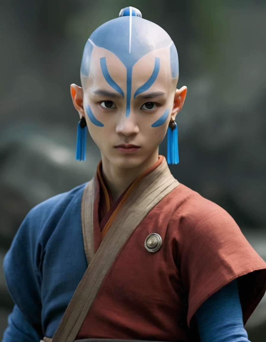 Make a realistic representation of Aang, the last airbender, with the dark blue arrow on his forehead, showing his mastery of all bending elements while in the powerful Avatar state. Ultra detailed, HD, 8K