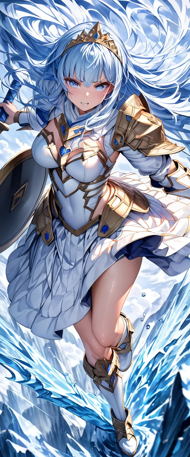 (Perfect Anatomy)、Mastepiece、Ultra High Quality、 8K、masterpiece、Highest quality、Ultra-high resolution、Maximum resolution、Very detailed、Professional Lighting、anime、woman、thin、so beautiful、Highly detailed eye、Highly detailed face、Armored Dress, Blue and white armor, , Golden decorated luxury tiara,Golden earrings,Frilly Armor,Light blue hair, blue eyes,White underwear、Gloss Lip、grassland, full body, dynamic angle, dynamic pose, Heroic pose, pillars of ice, (((long sword))), (((shield))), Defending with water magic, Making eyes glow, flying attack, Swinging down a sword