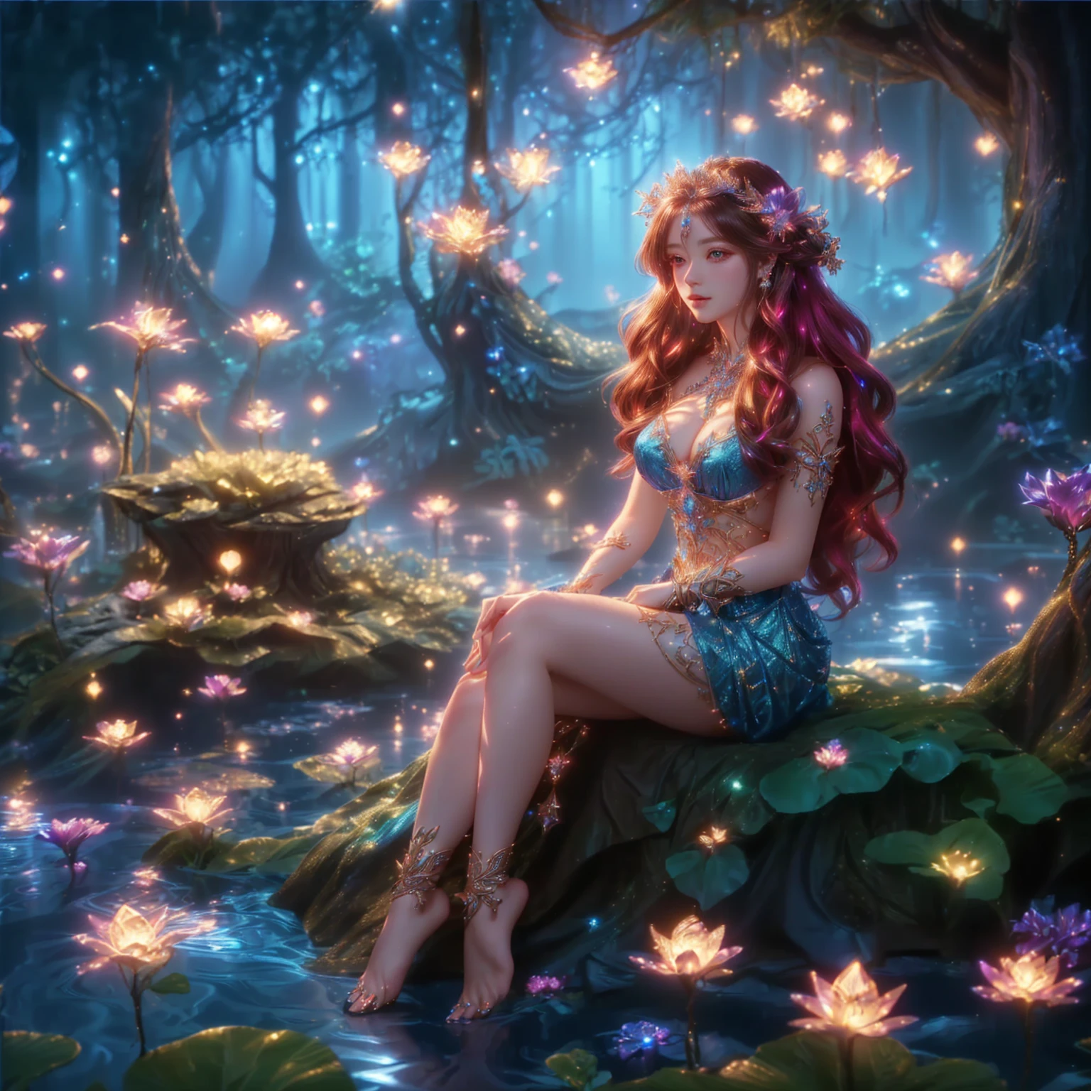 realistic woman , Close-up of a woman in a blue dress with lights shining behind her., extremely detailed , goddess, beautiful heavenly mage, High quality 8K detailed artwork., Argerm. anime illustration, Beautiful Fantasy Empress, beautiful devil girl, Fantasy anime artwork, beautiful goddess, Argerm style, Detailed digital anime art