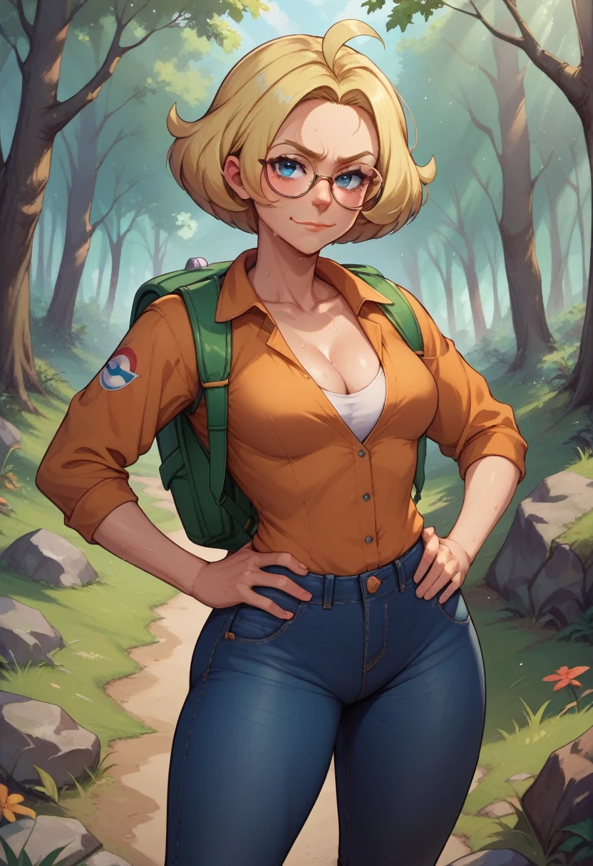 score_9, score_8_up, score_7_up, score_6_up, BREAK Bianca from pokemon, wearing hiking outfit, backpack, cleavage, medium breasts, seductive smirk, hands holding own hips, sweating, wide hips, big ass, in a forest, jeans, long sleeved shirt, blonde hair, glasses