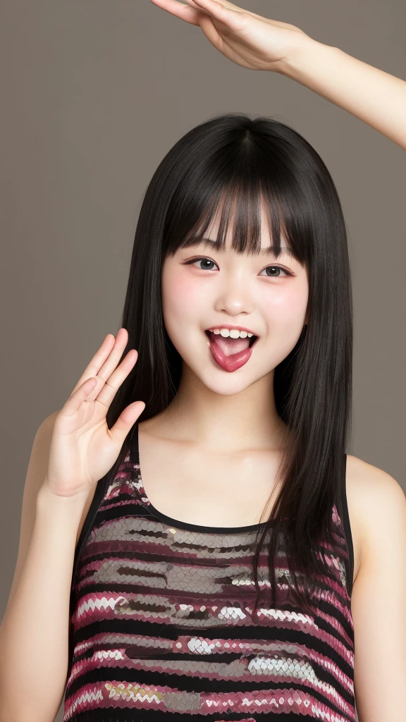 One girl, one girl, one person, long tongue, tongue out, sticking out tongue, sticking out tongue, open mouth and showing teeth, natural smile, (((salute))), salute, salute, Japanese girl, 20-year-old girl, beautiful, pretty face, cute face, mischievous expression, tank top,