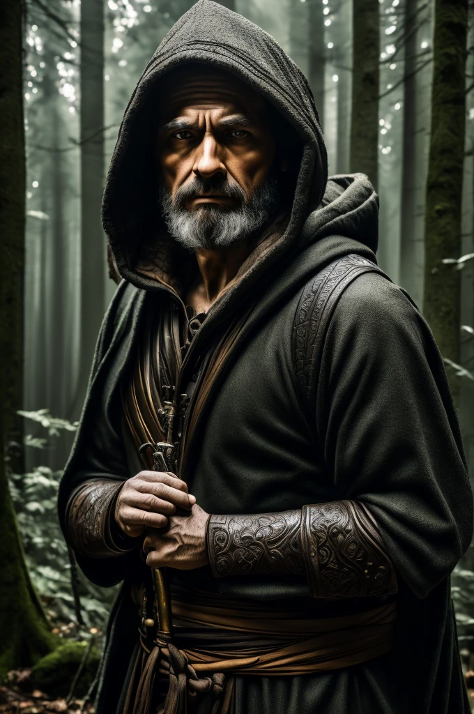 intricate detailed portrait of a man walking through a forest, man wearing hooded cloak, man carrying katana, highly detailed face, vivid colors, dramatic lighting, cinematic composition, dark fantasy, moody atmosphere, dramatic shadows, photorealistic, masterpiece, (best quality,8k,highres,masterpiece:1.2),ultra-detailed,(realistic,photorealistic,photo-realistic:1.37)